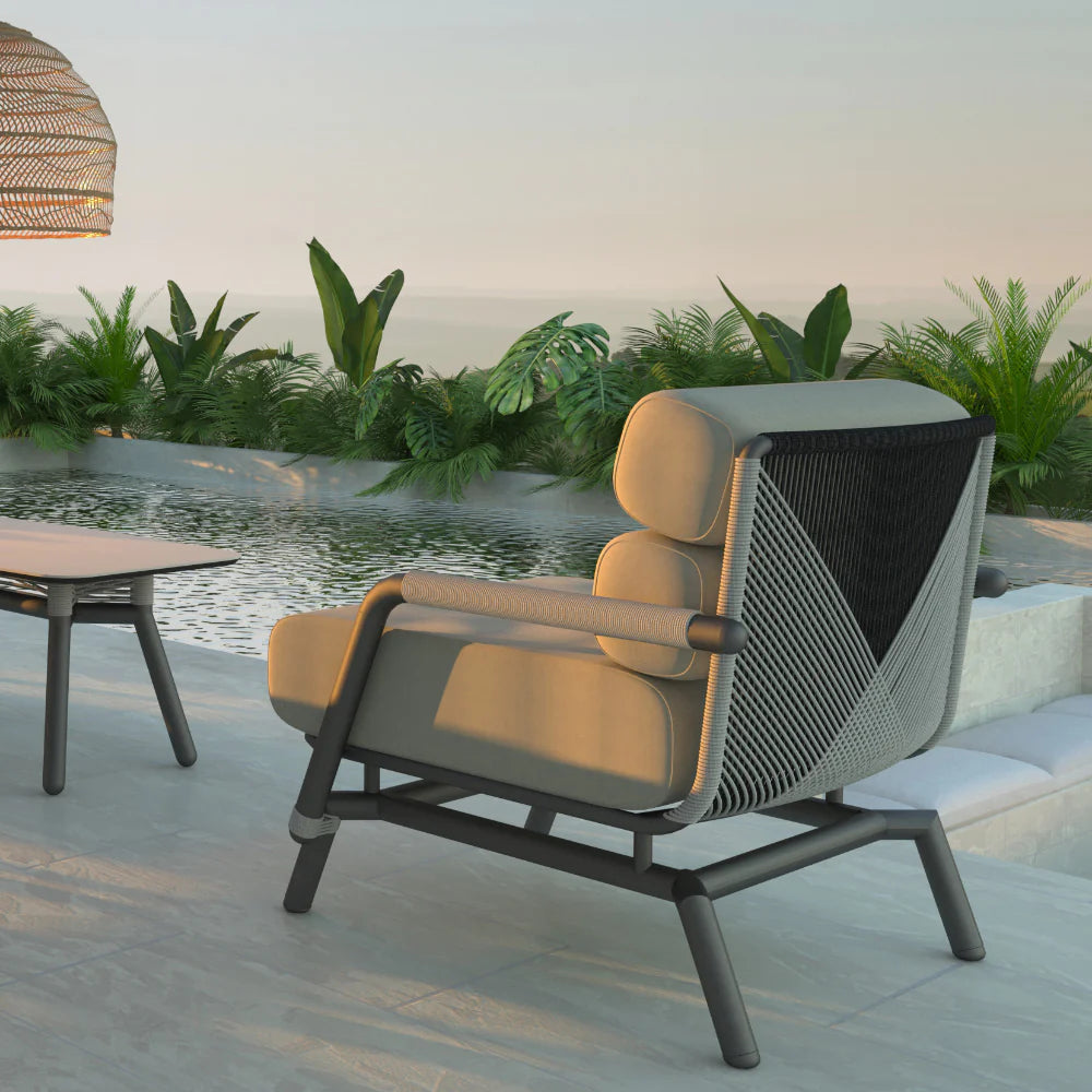 Amazonia Armchair with Graphite Frame, Granite and Fieldstone Rope with Bliss Aloe Sunbrella Cushions