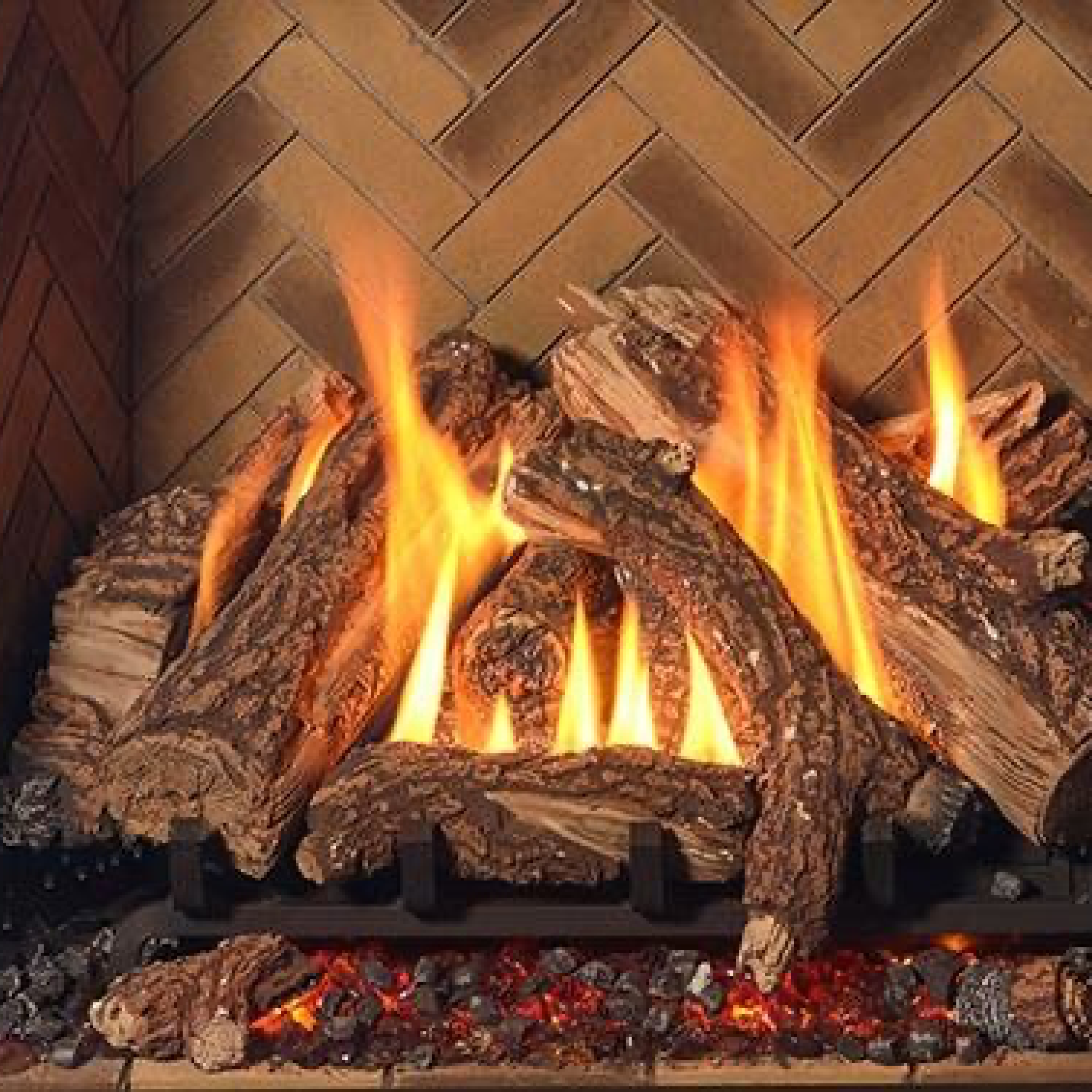 Oak log set with burning split logs and visible flames