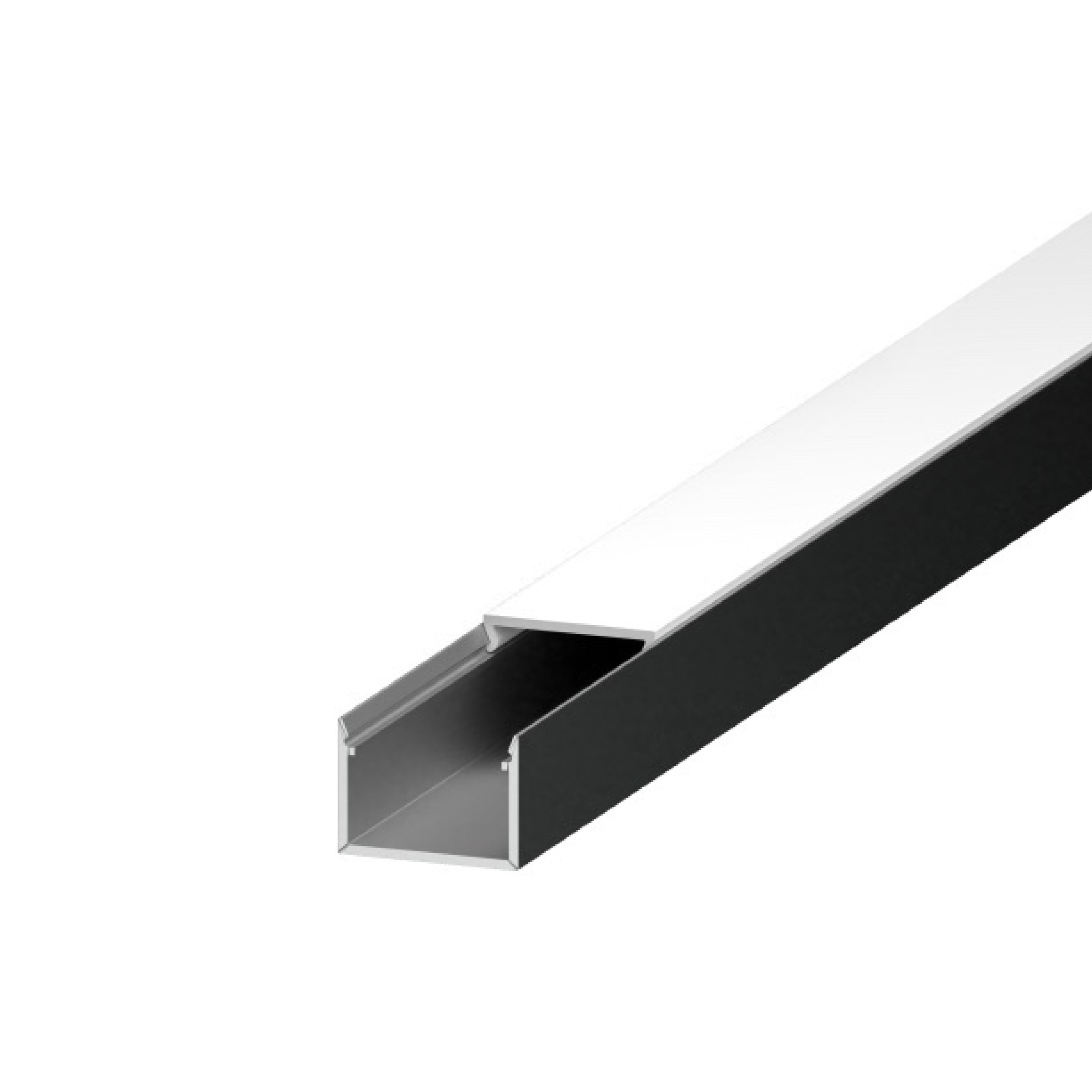 Black LED channel extrusion with silver interior, open channel profile