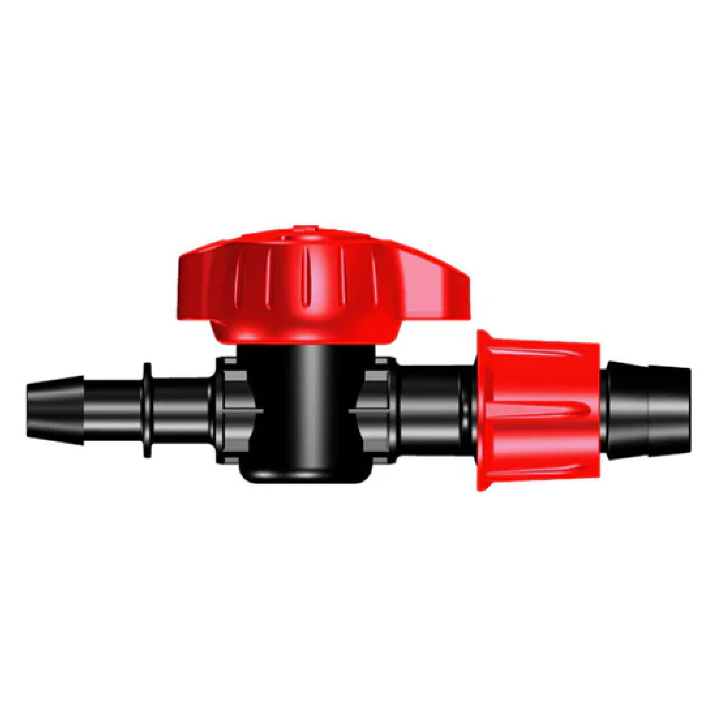 5/8" drip tape barb shutoff valve with red cap and black body, barbed ends
