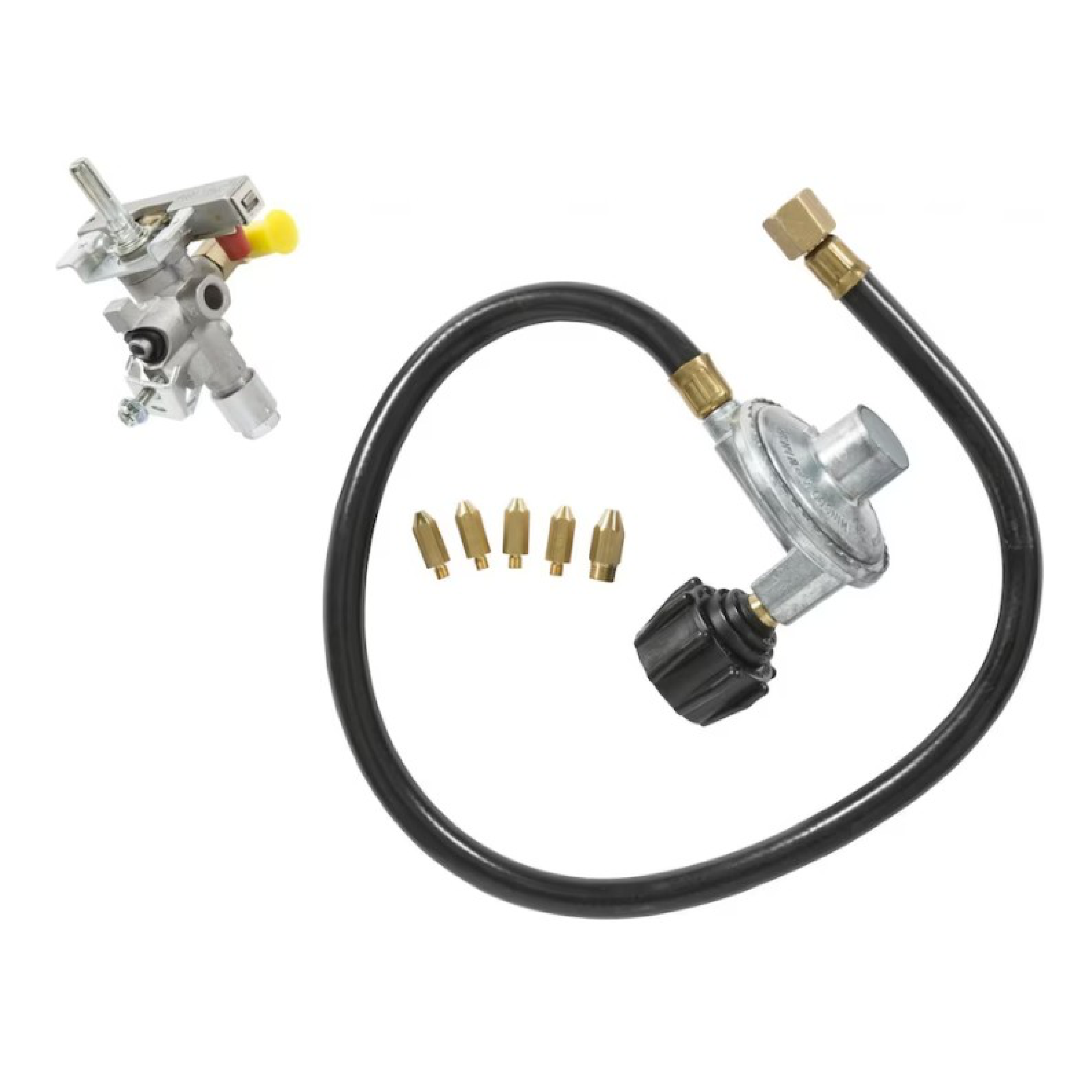 Gas conversion kit with black hose, metal regulator, and brass fittings