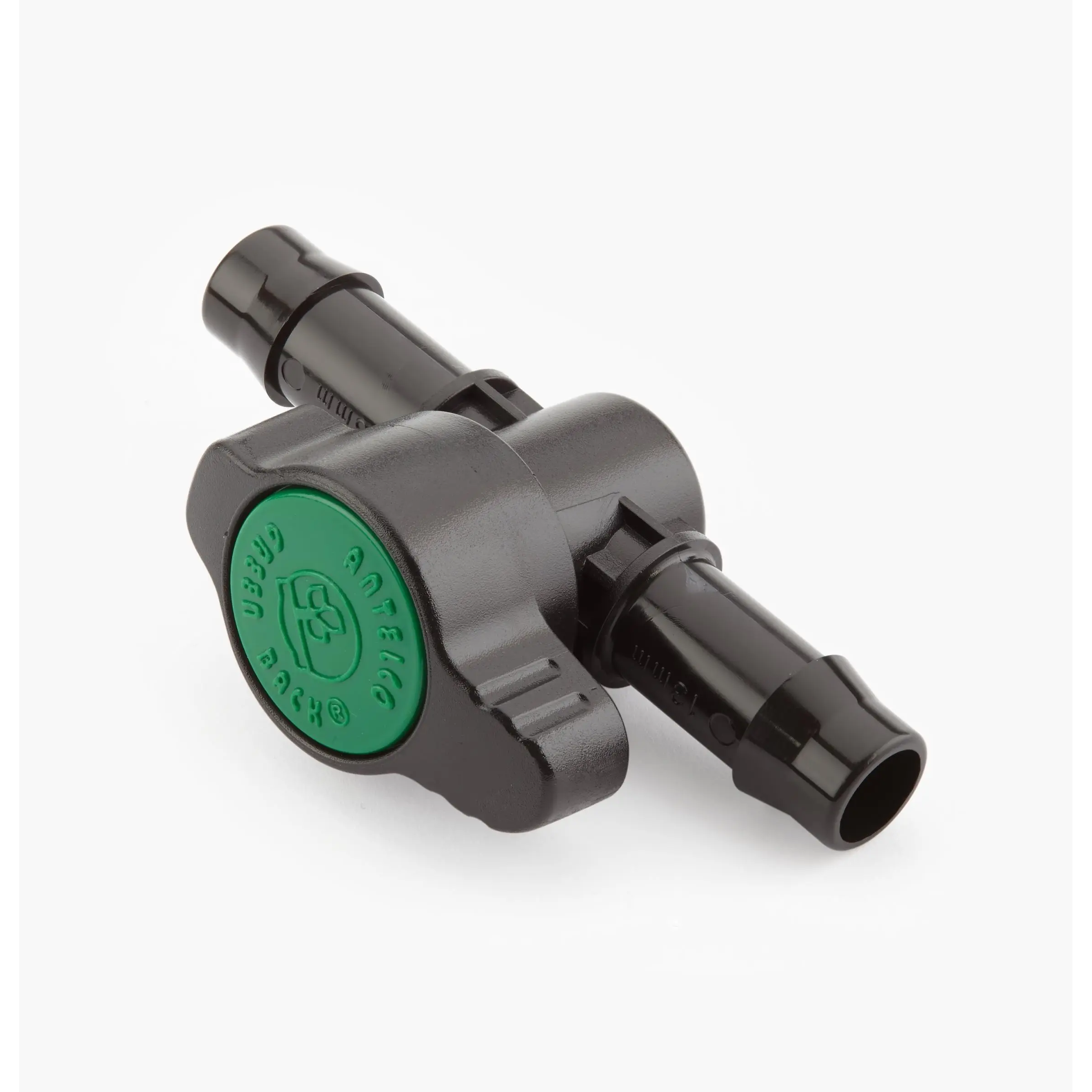 3/4 in inline shut off barb valve with green control cap, black-and-grey body