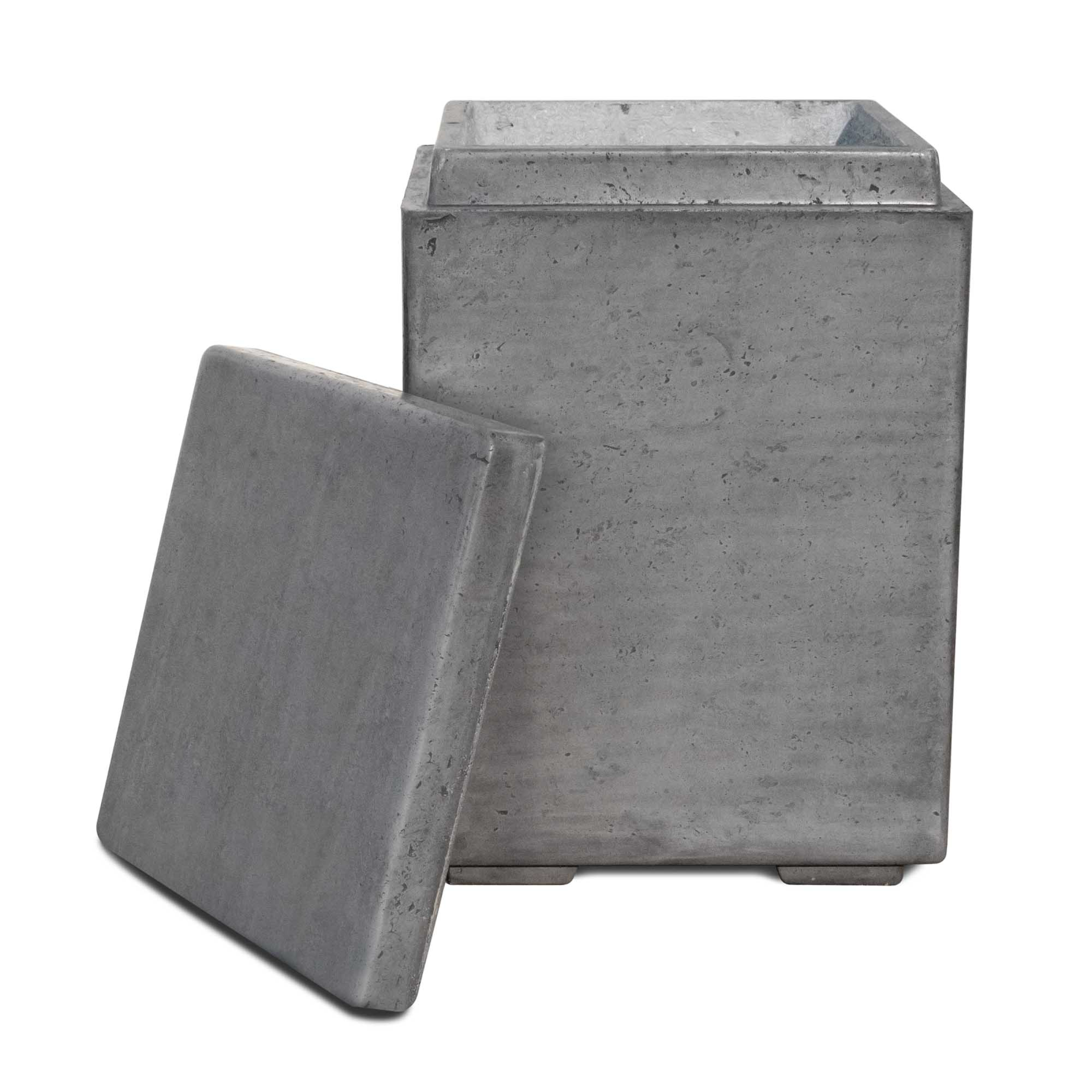 Square concrete propane tank enclosure with hinged access door, gray finish