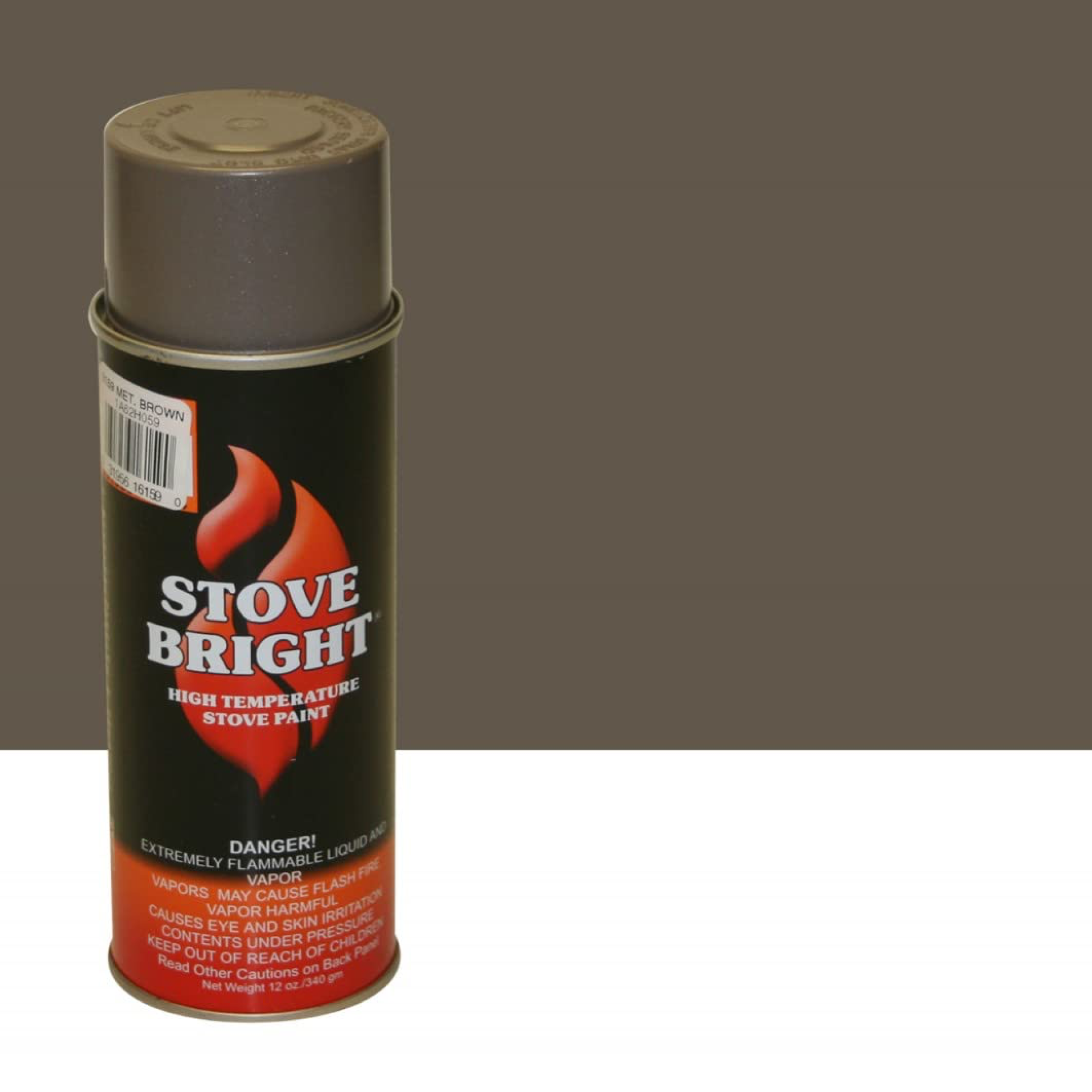 High-temperature stove paint spray can with metallic brown finish, label on front