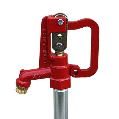 Red hydrant valve with 3/4 in hose outlet and mounting on steel post