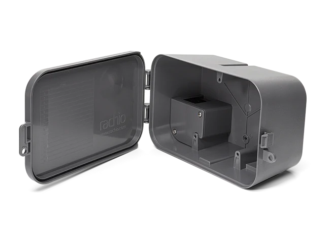 Weatherproof outdoor controller enclosure, hinged cover open, interior mounting plate