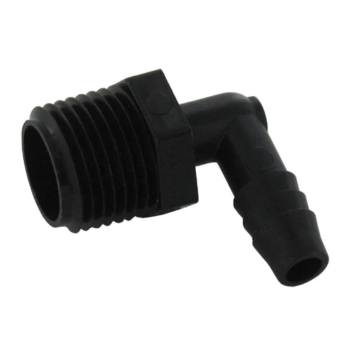 Black flexible pipe elbow with barbed ends, 1/2 in FP x 3/8 in barb