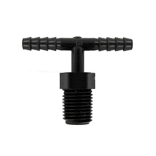 Black pipe riser tee connector with barbed end and threaded fitting