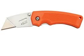 Folding utility knife with orange textured handle and partially extended metal blade
