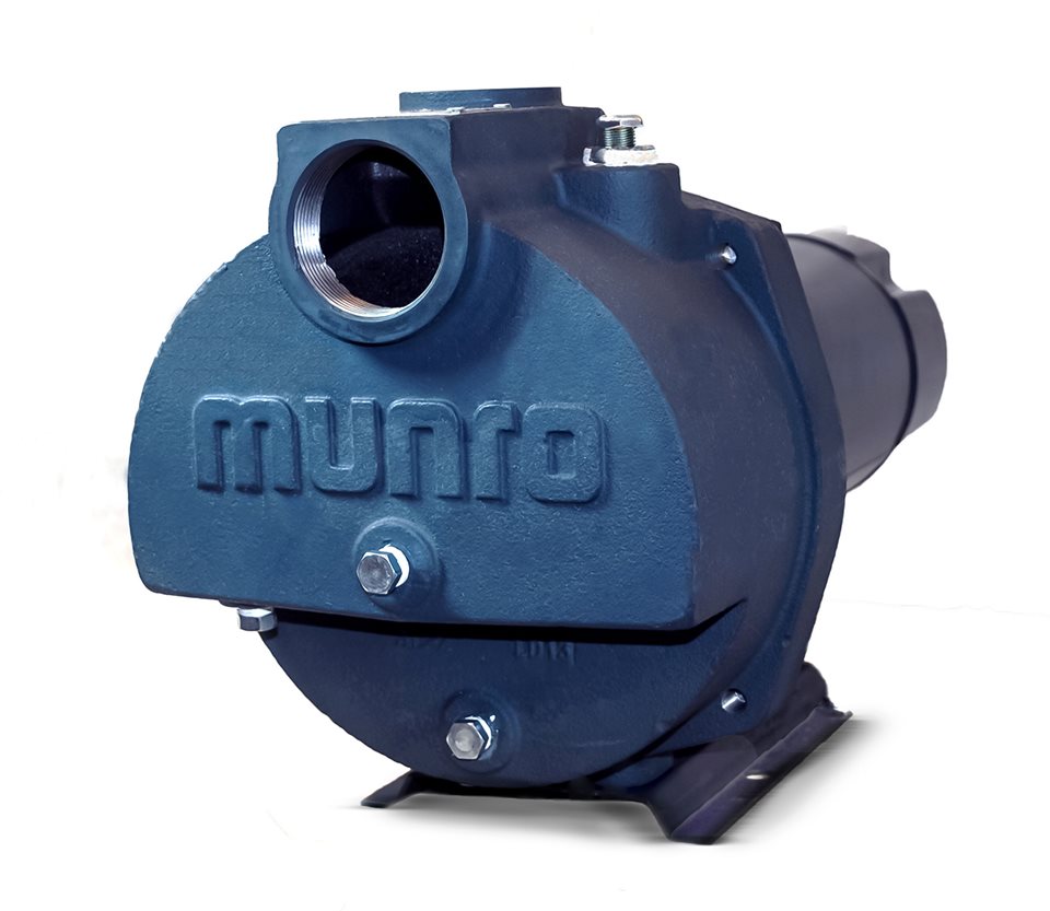 Blue pump housing with circular intake and motor mounting, branded munro