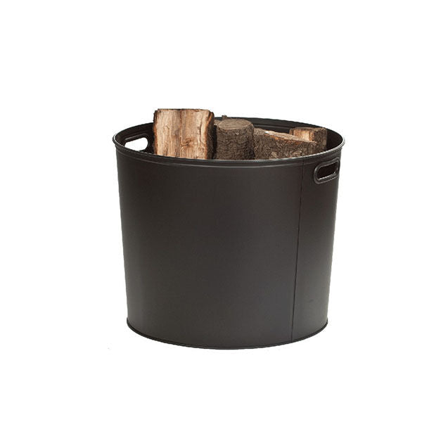 Black metal log bucket with side handles, holds stacked firewood