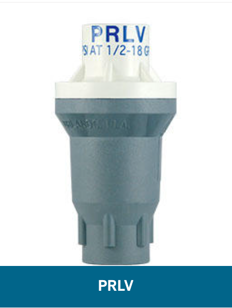 Grey PRLV pressure regulator fitting with 1 in inlet and vented top