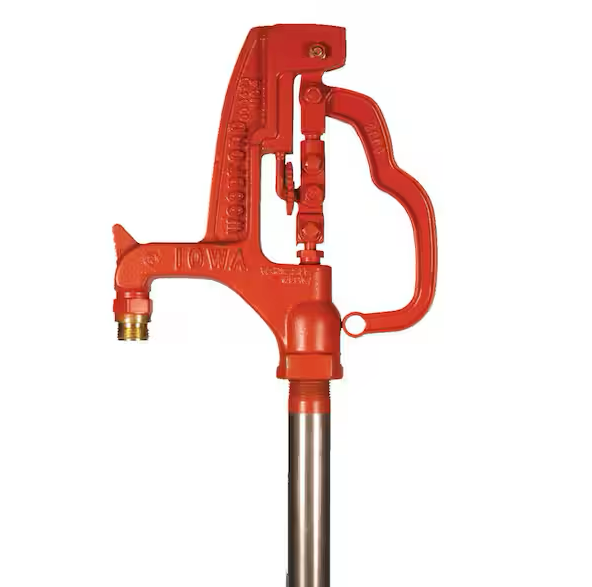 Red 5-foot yard hydrant with lever handle and side spigot on metal pole