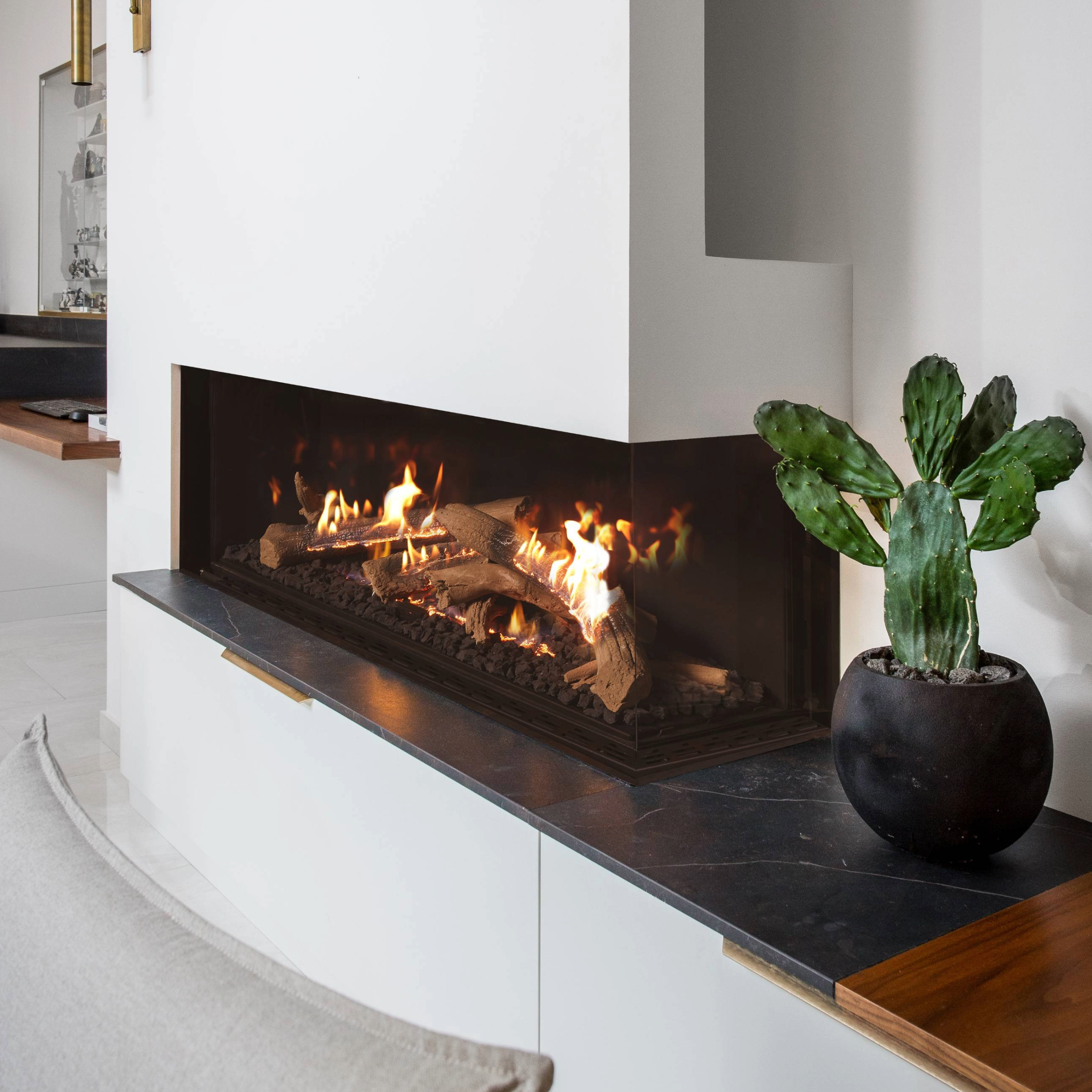 Right Side Corner Fireplace with Wilderness Burner and Protective Screen