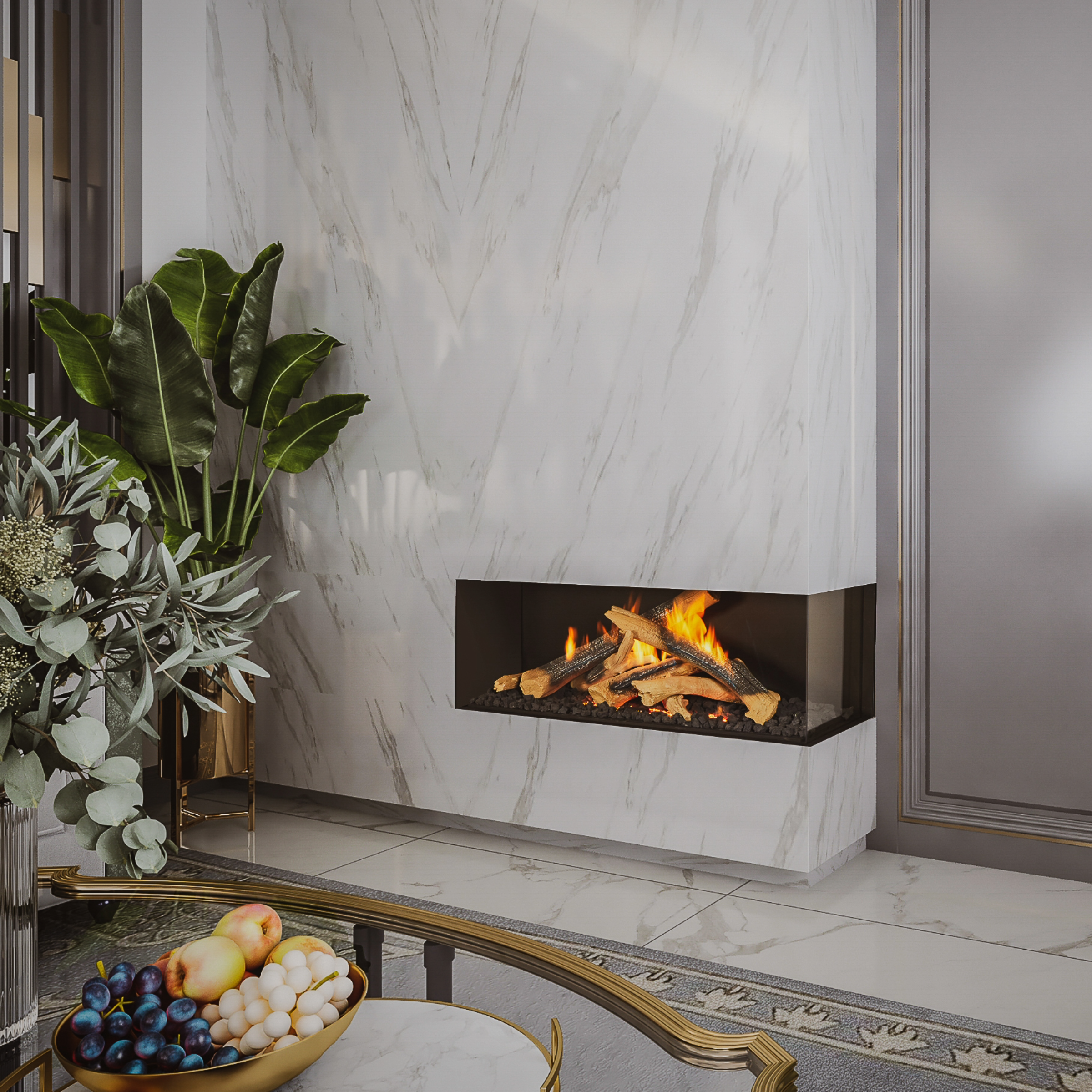 Right Side Corner Fireplace with Wilderness Burner and Protective Screen