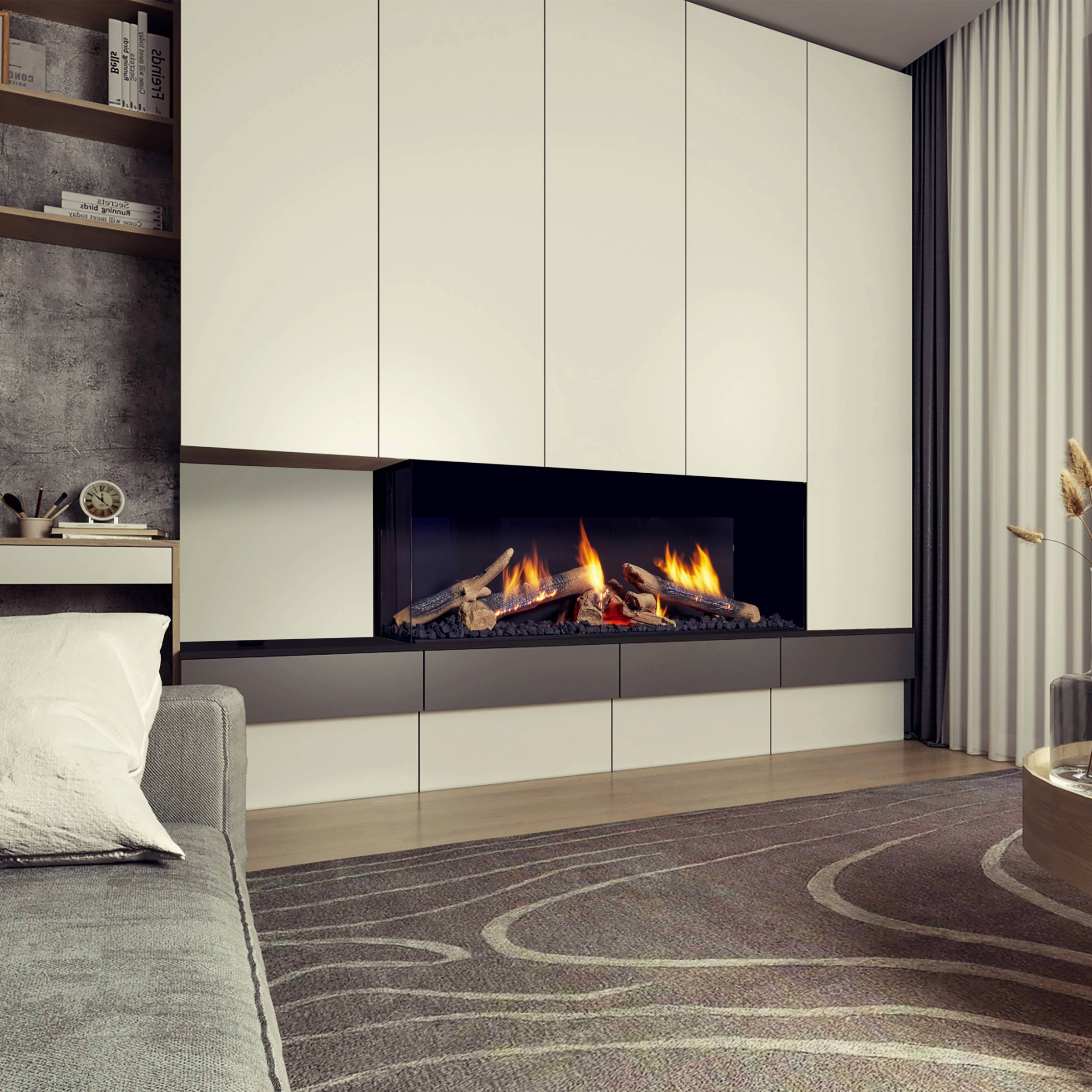 Left Side Corner Fireplace with Wilderness Burner and Protective Screen