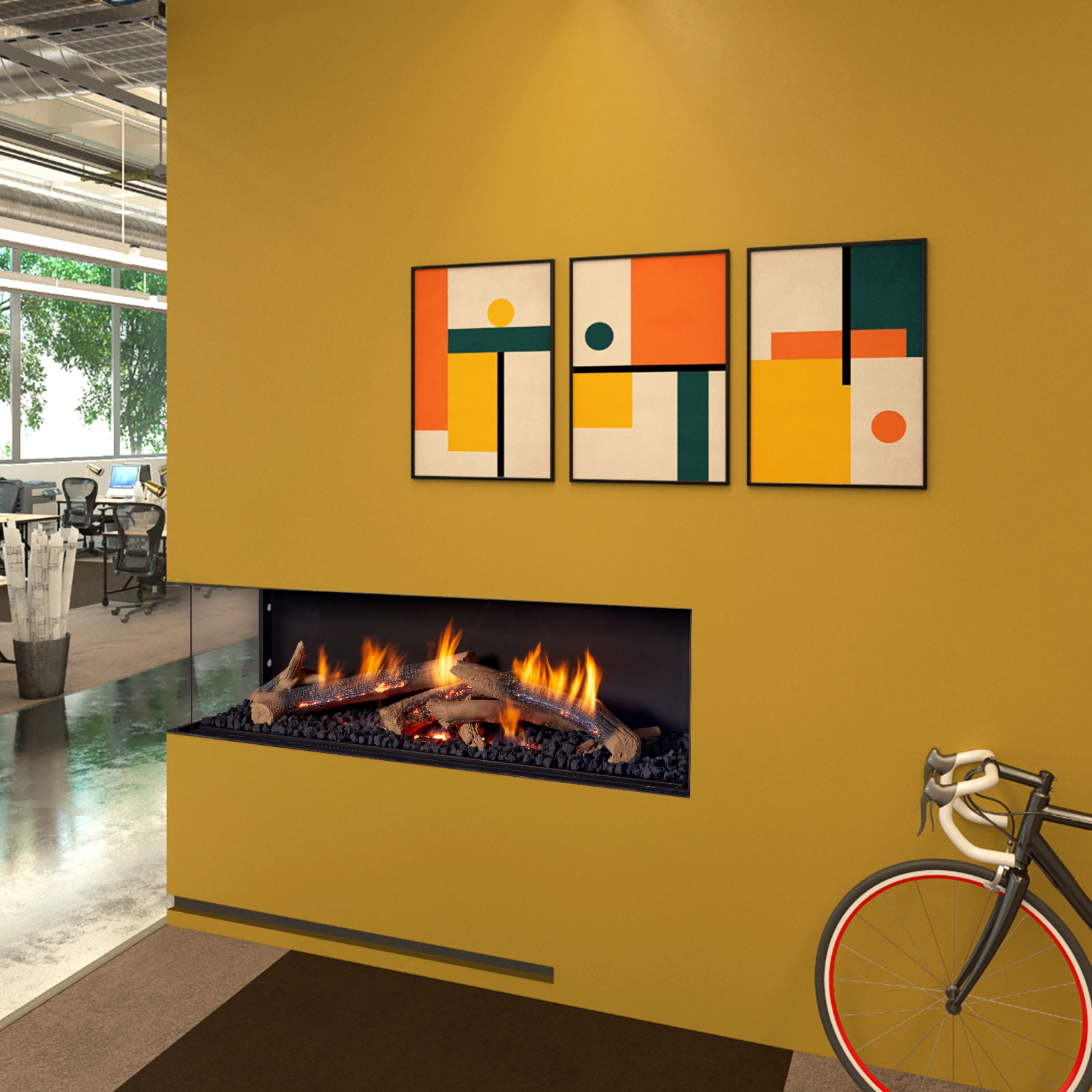 Left Side Corner Fireplace with Wilderness Burner and Protective Screen