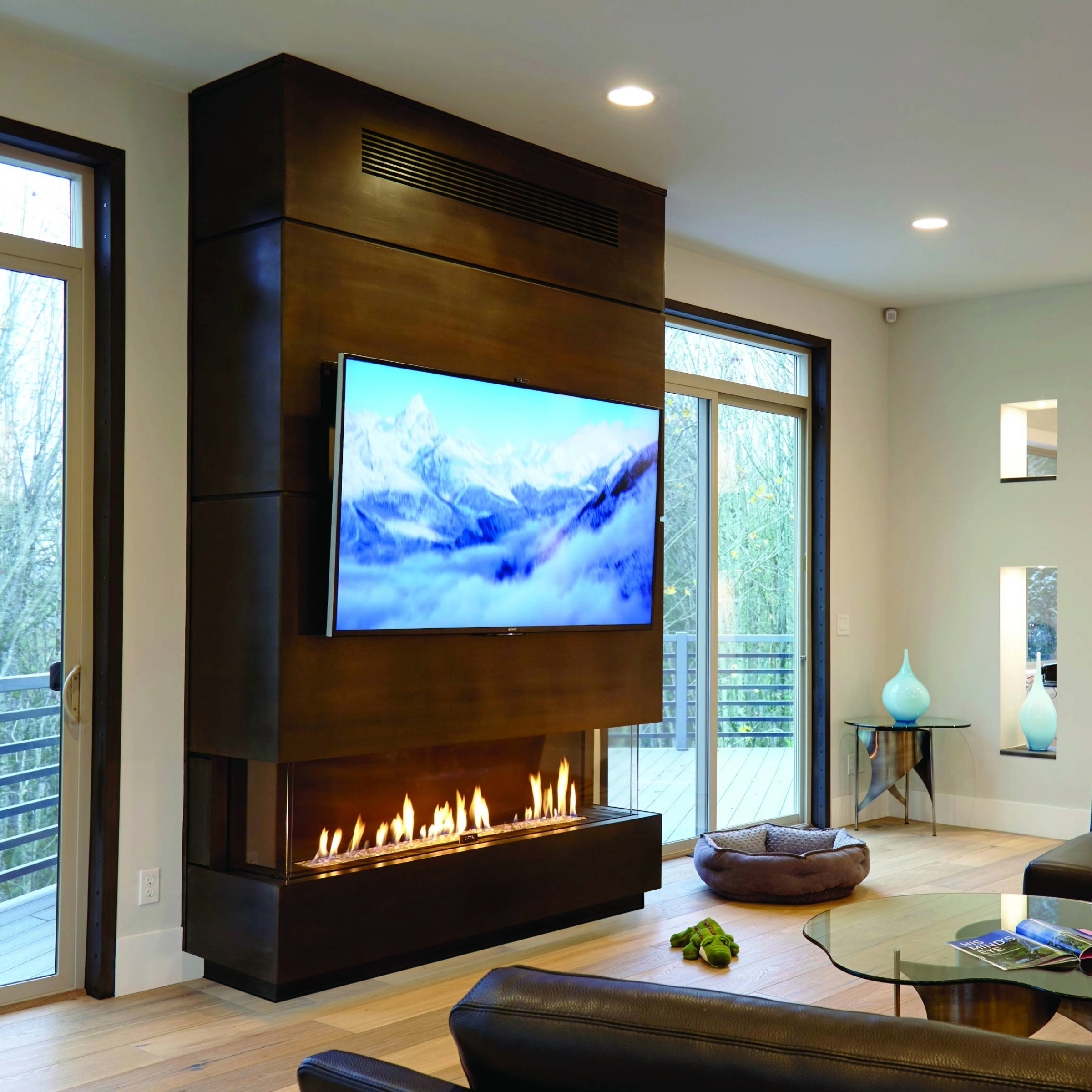 Three Sided Fireplace with Standard Burner and Protective Screen