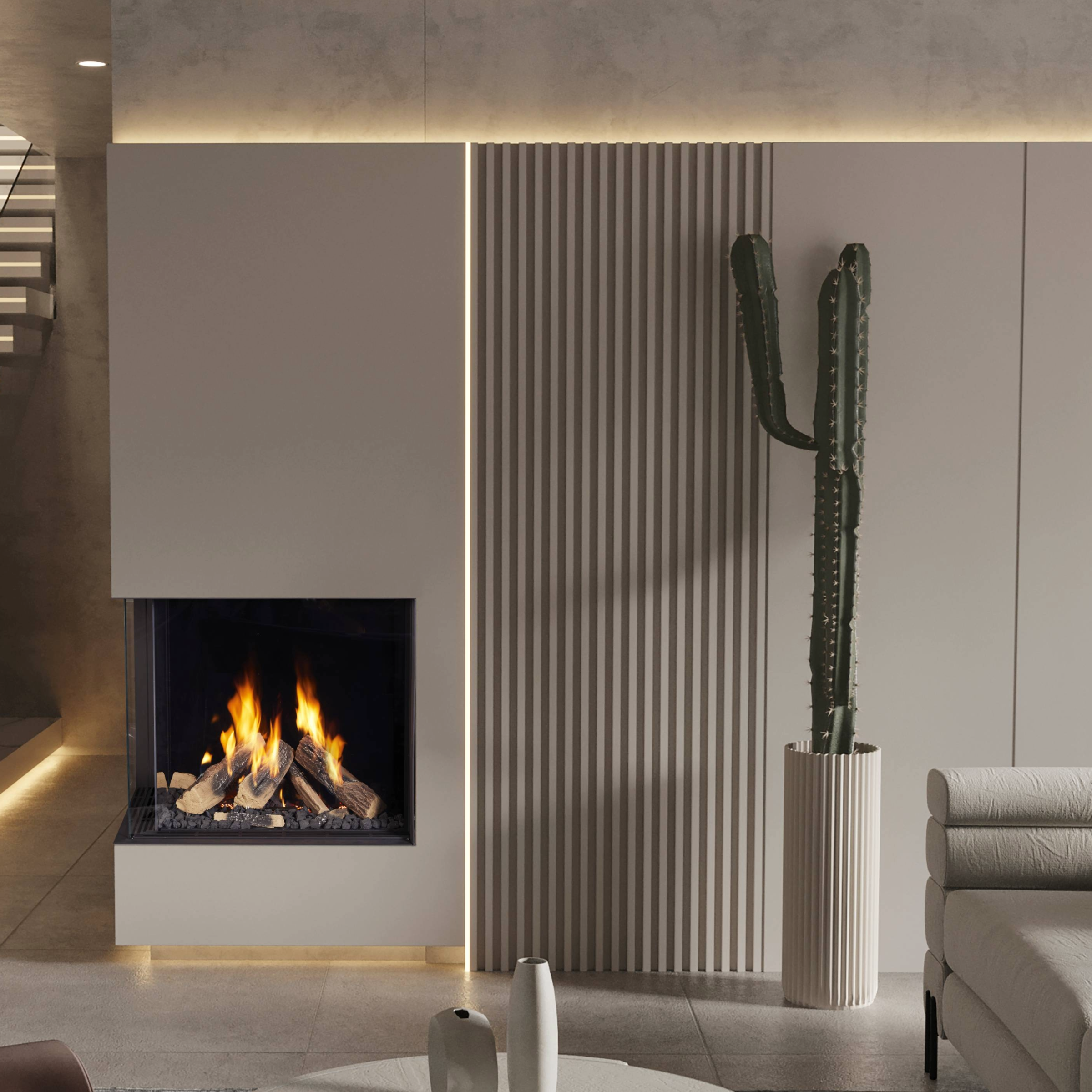 Left Side Corner Fireplace with Wilderness Burner and Protective Screen