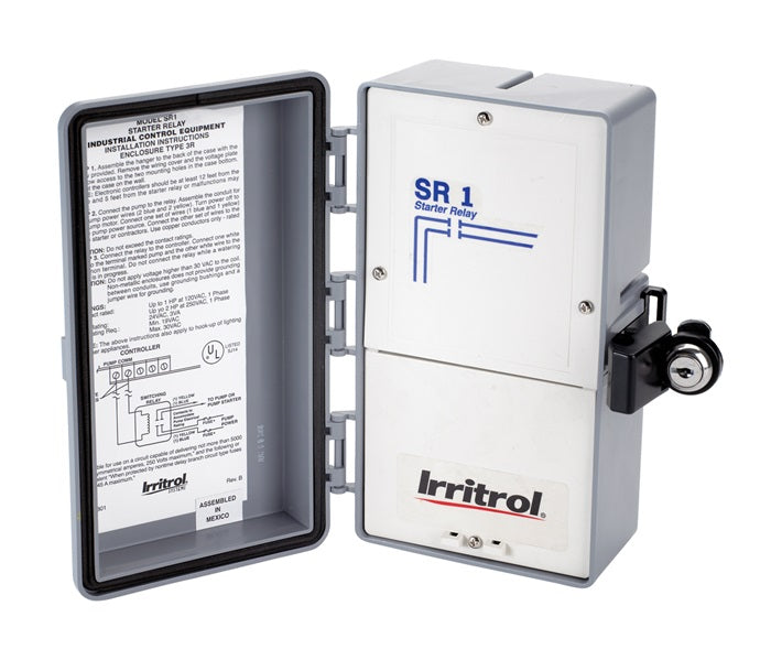Pump start relay with open cover, wiring diagram label, and Inritrol logo