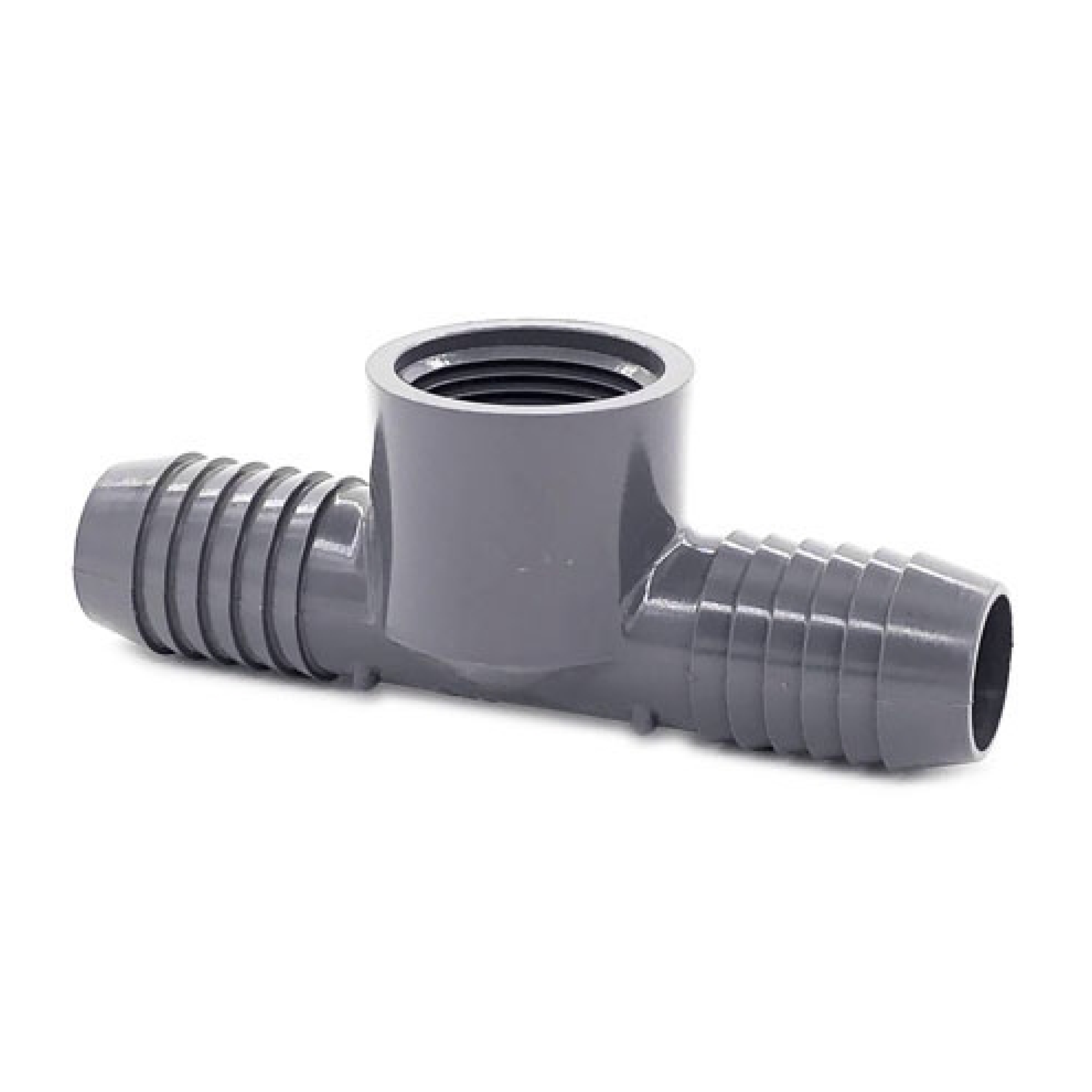 Dark gray plastic riser tee fitting with threaded ends