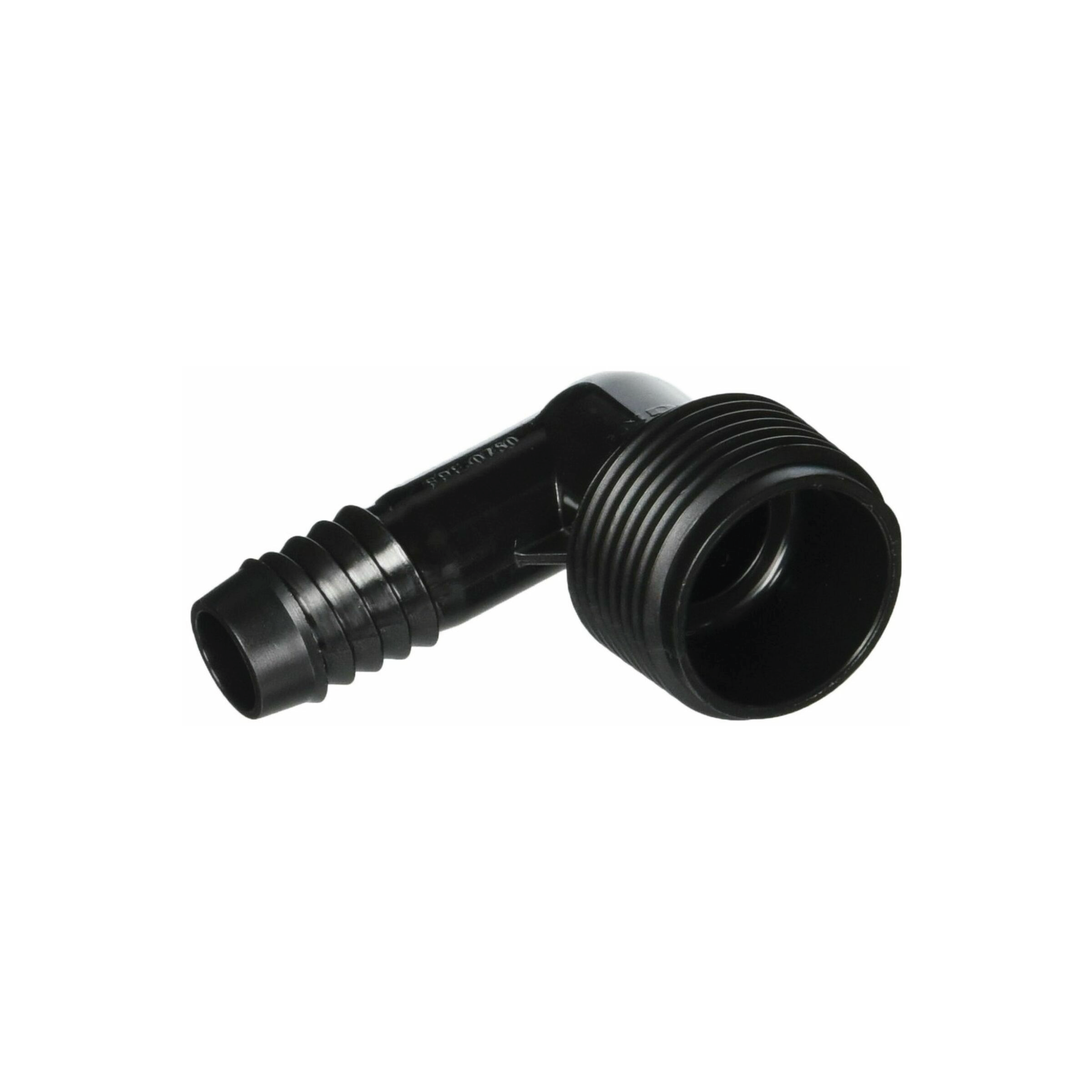 Black plastic elbow fitting with flexible 3/4 in threaded ends