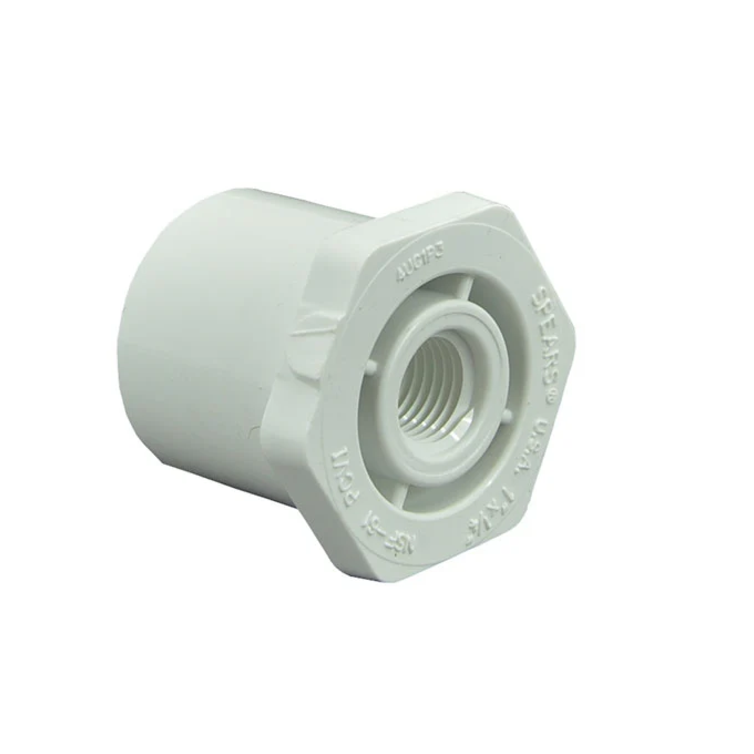 PVC bushing with 3/4 in slip end and 1/2 in female threaded inlet, light gray.