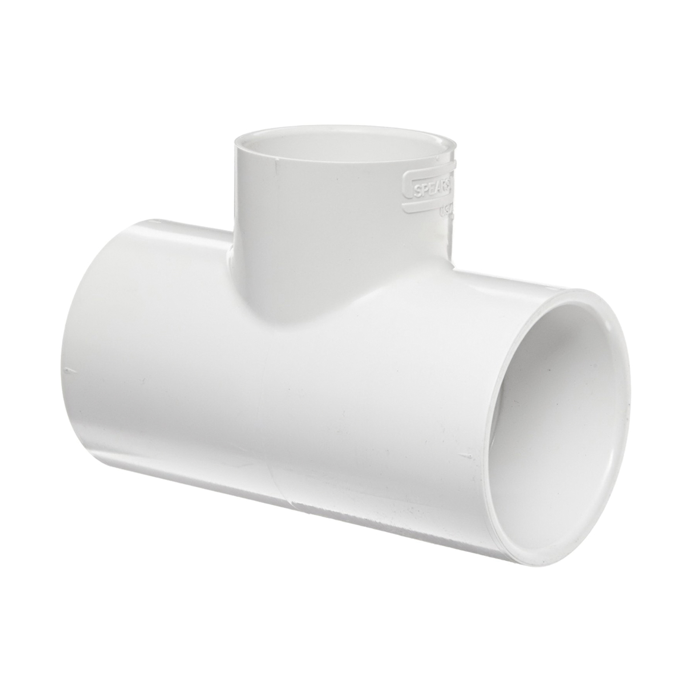 White PVC reducing tee fitting with slip ends, 3/4" to 1/2"