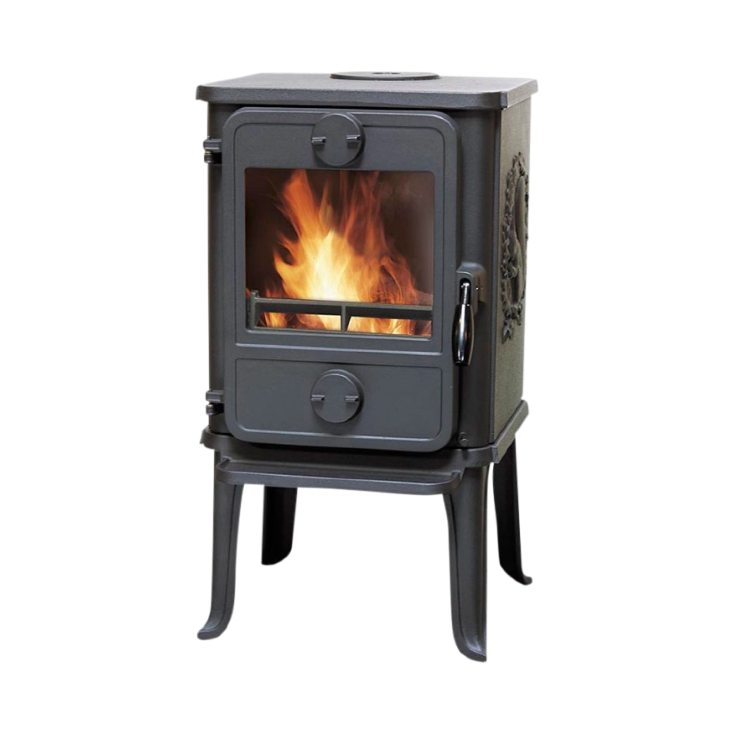 Dark metal wood stove with glass door, visible flames, and four legs.