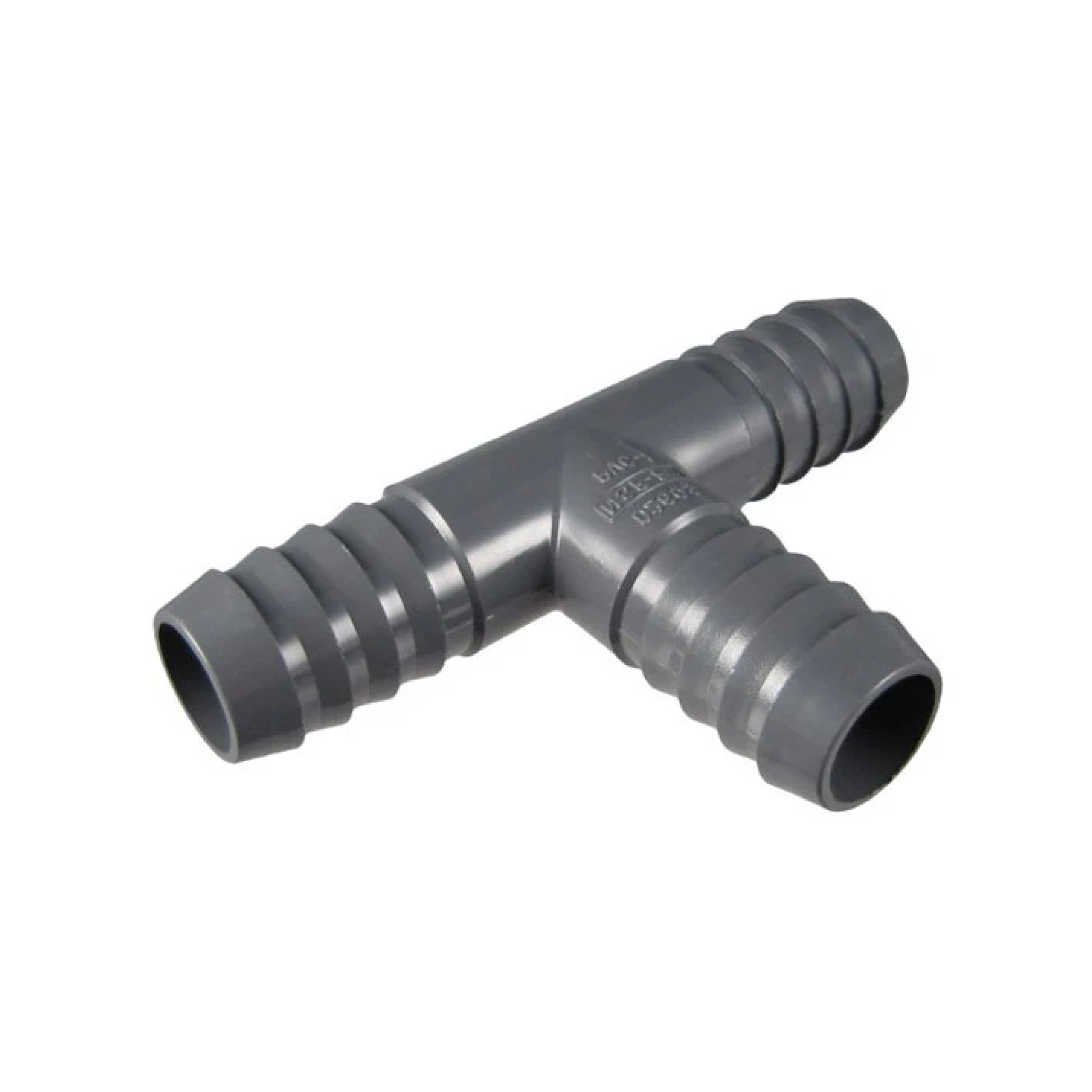 Dark gray barbed hose connector tee with 1.25 in openings