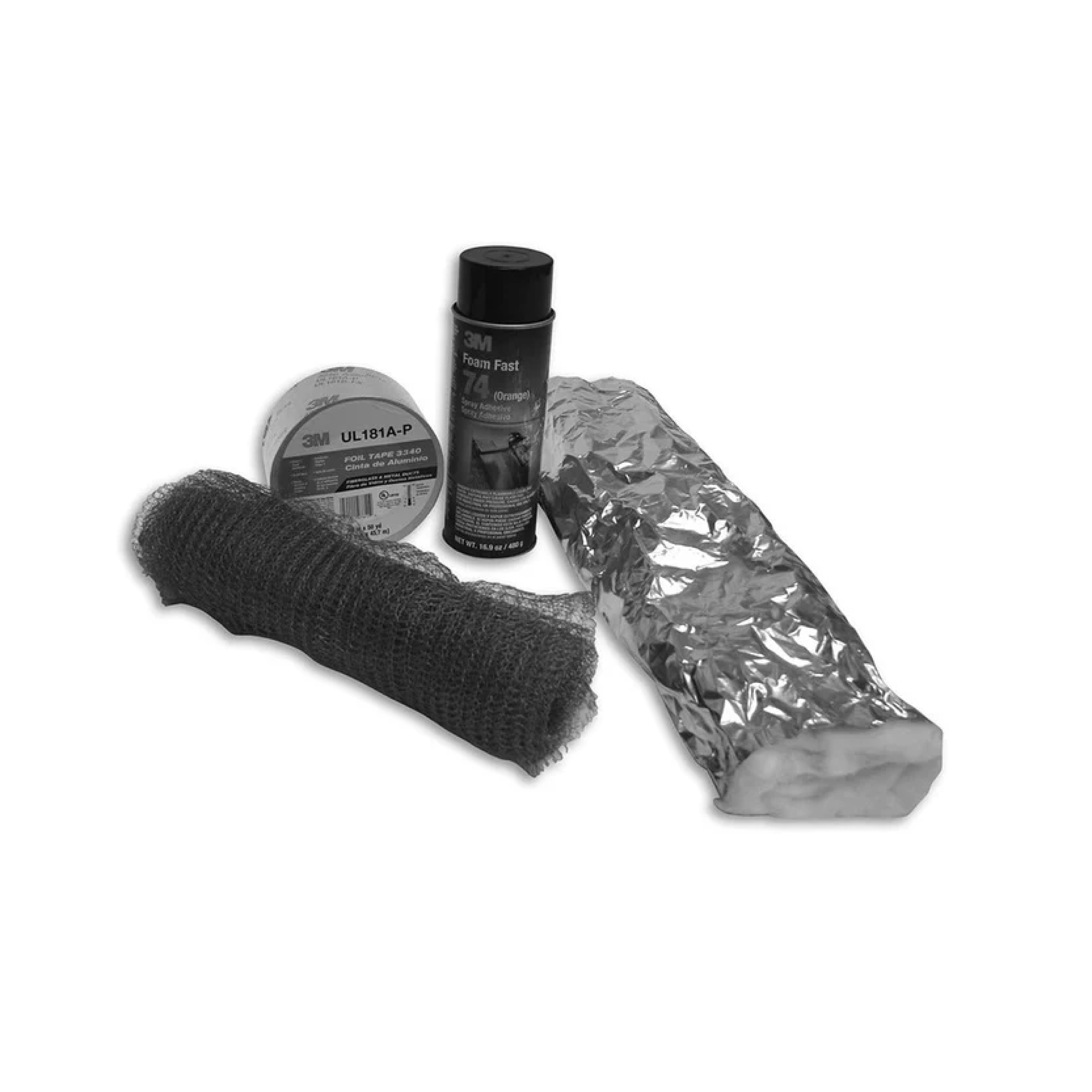 Liner insulation kit with gray insulation roll, foil sleeve, and sealant cans.