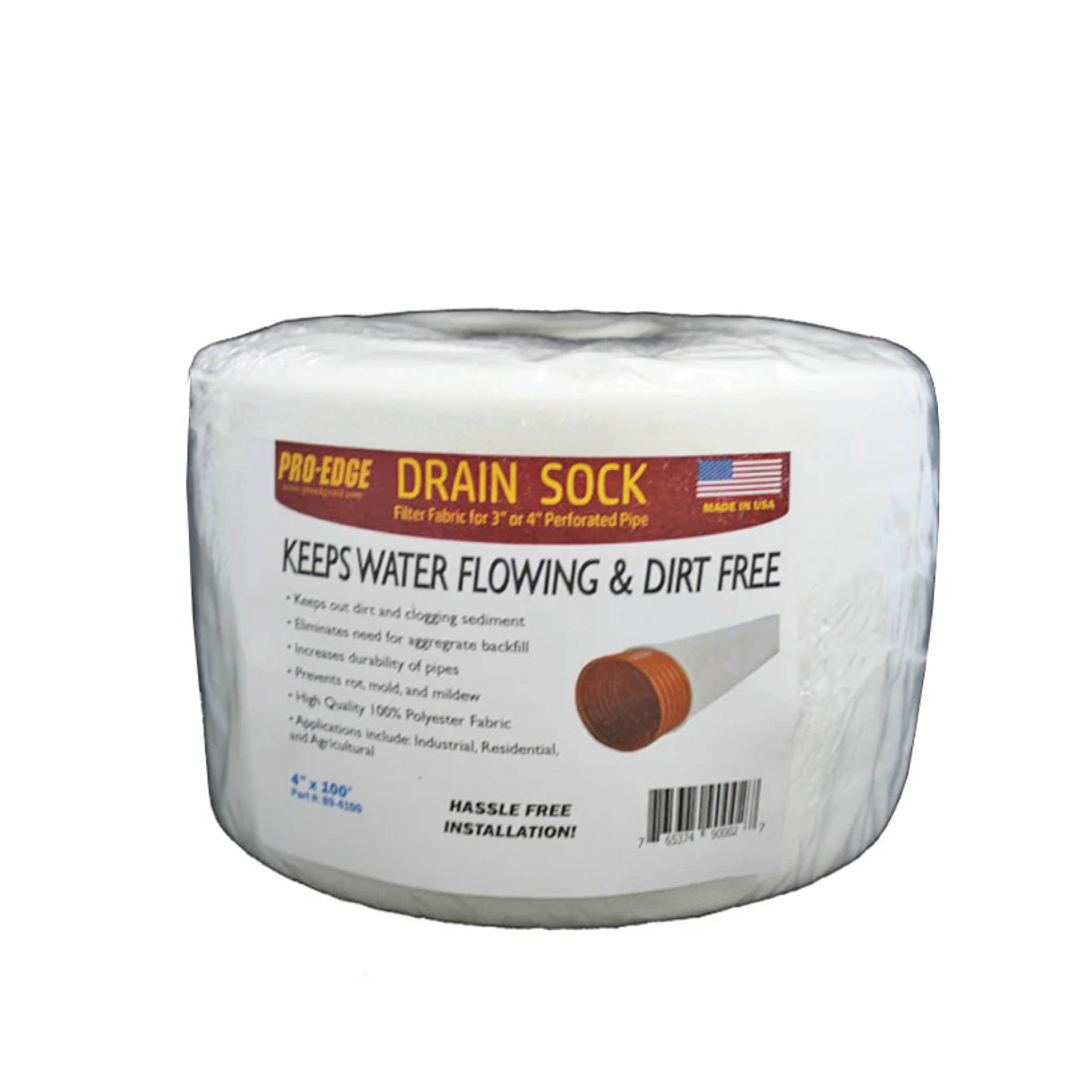 White drain sock filter roll for 4 in perforated pipe, packaged for installation