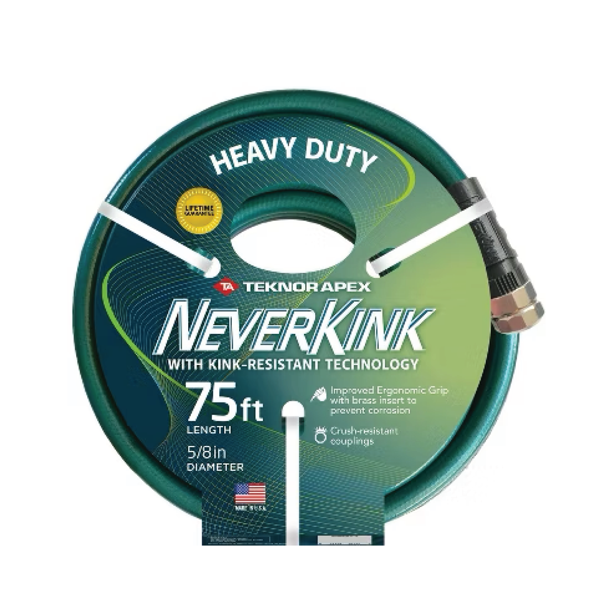 Heavy-Duty NEVERKINK garden hose coil, green, 5/8 in x 75 ft