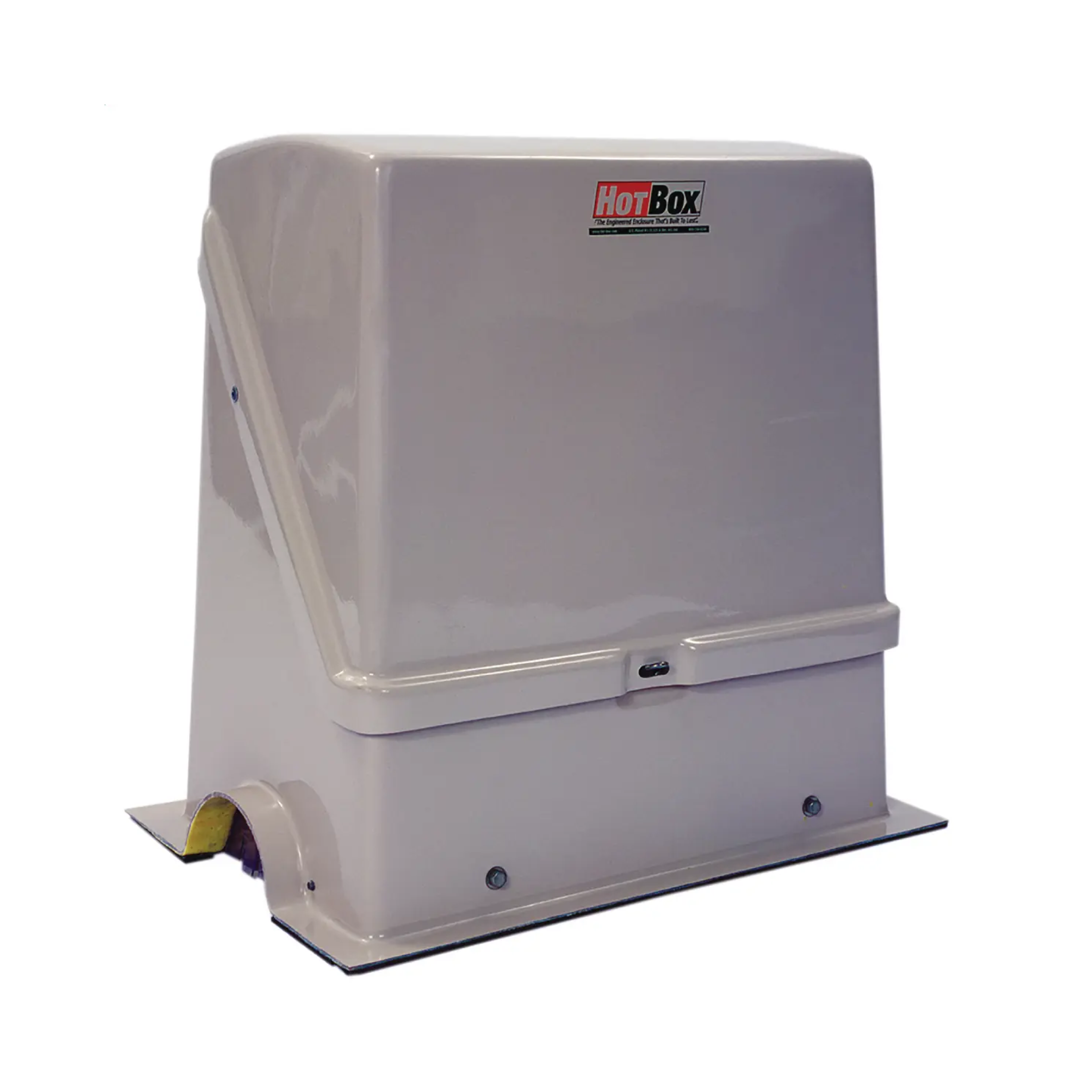 Heated fiberglass flip-top enclosure with hinged lid and HotBox logo