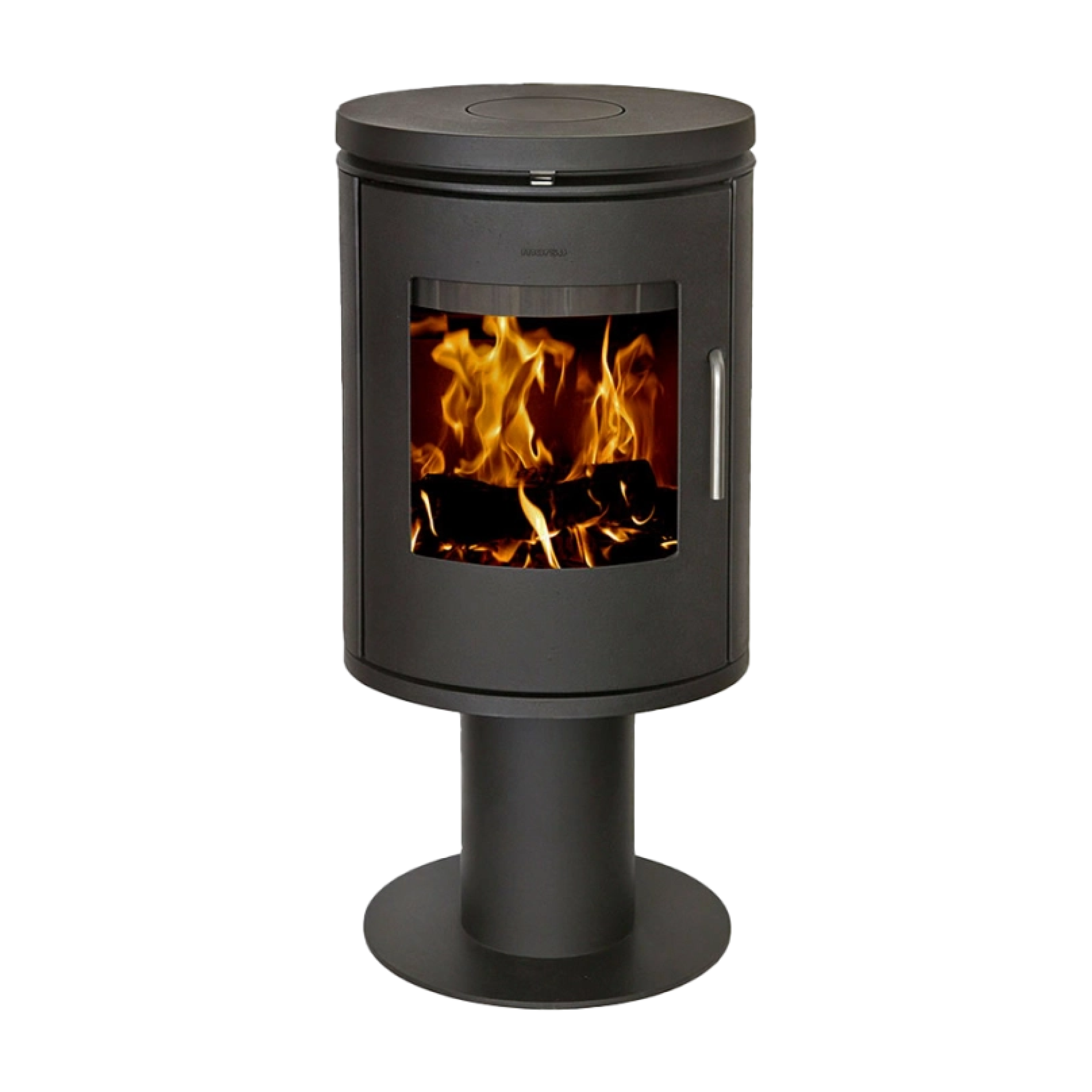 Black pedestal wood stove with glass front and visible flames
