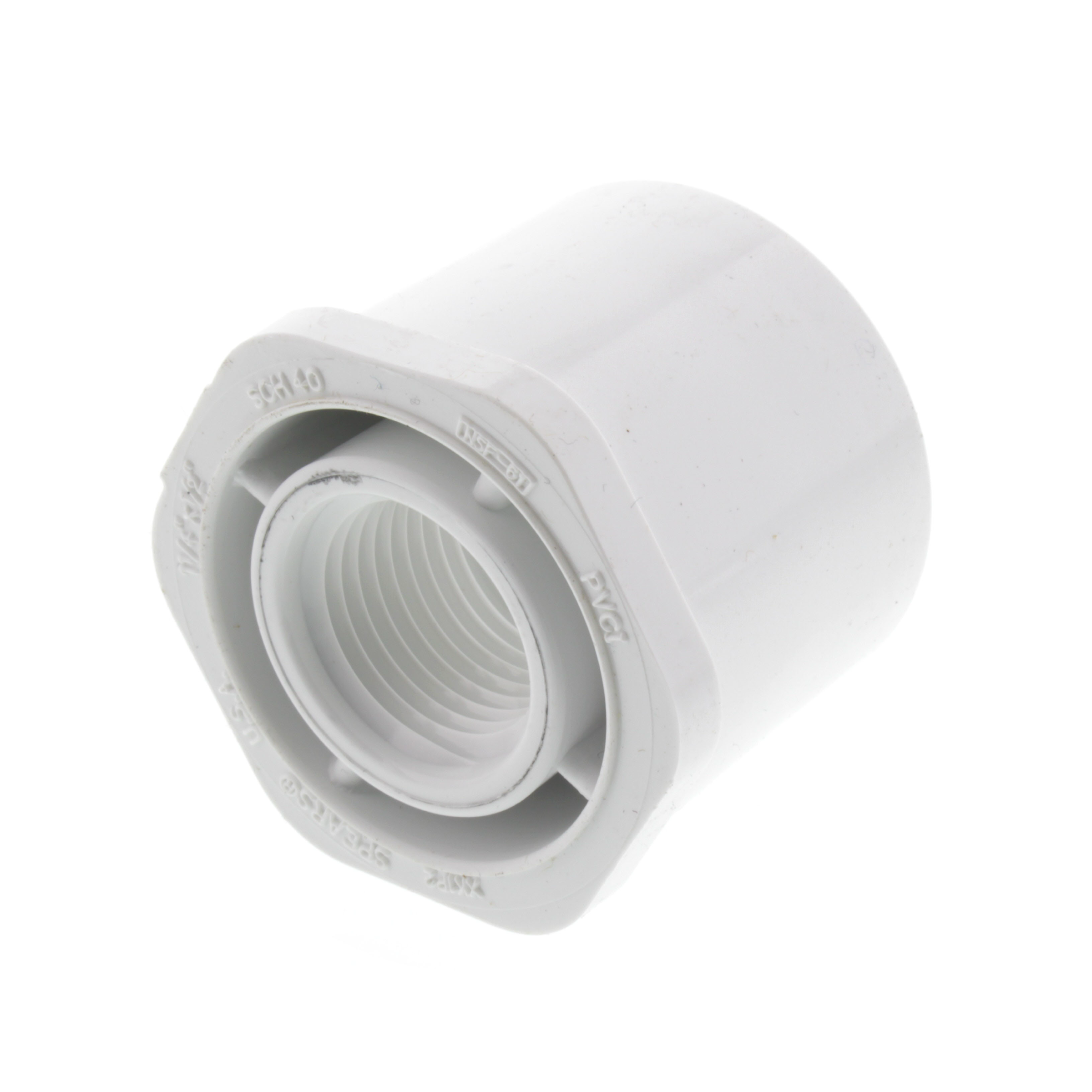 White slip pipe bushing with visible female threads and smooth end, 1/2 in