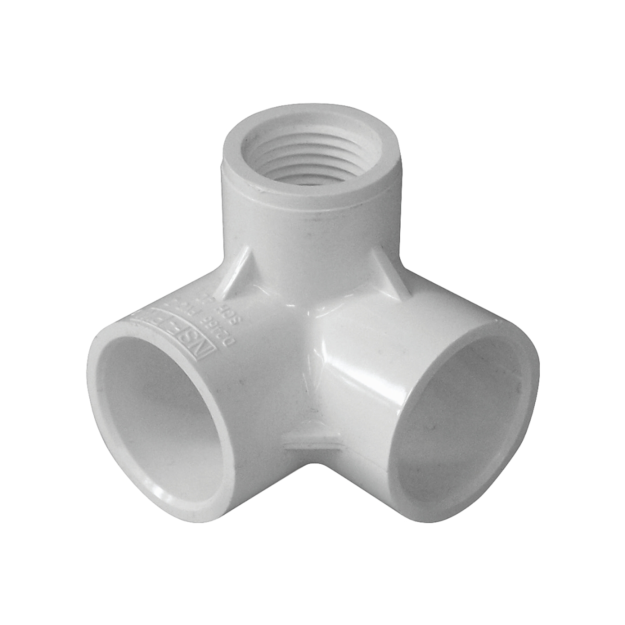 White plastic side outlet slip elbow fitting with threaded female opening and two sockets