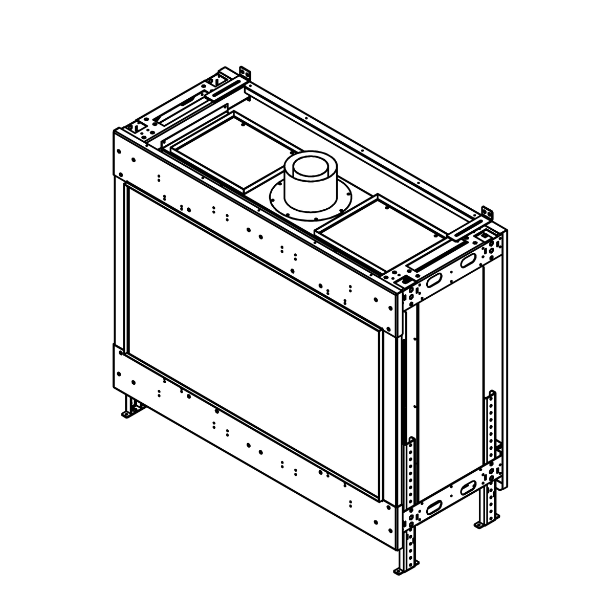 Gas fireplace insert frame with burner pan and round flue outlet