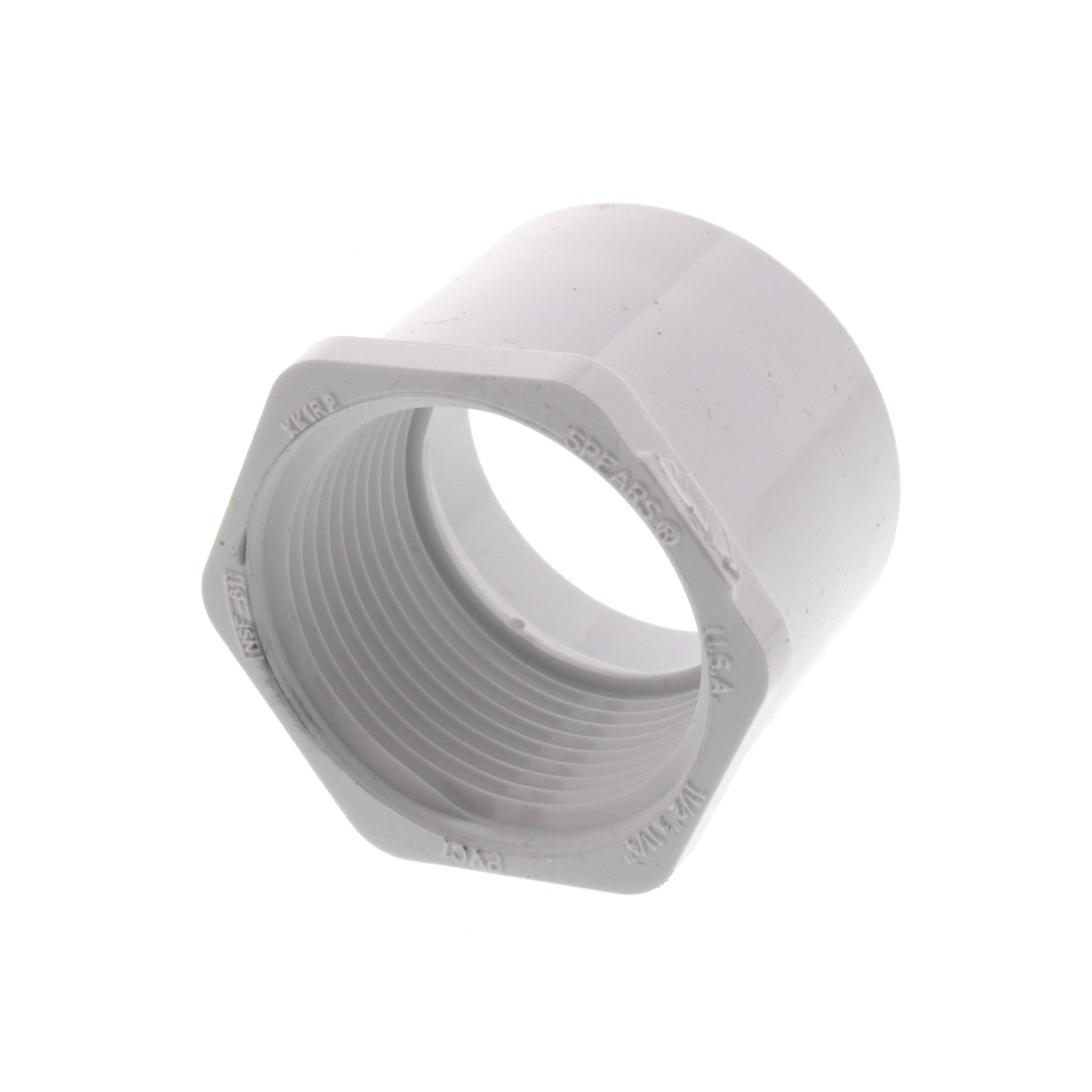 PVC bushing with slip end and threaded interior, light gray