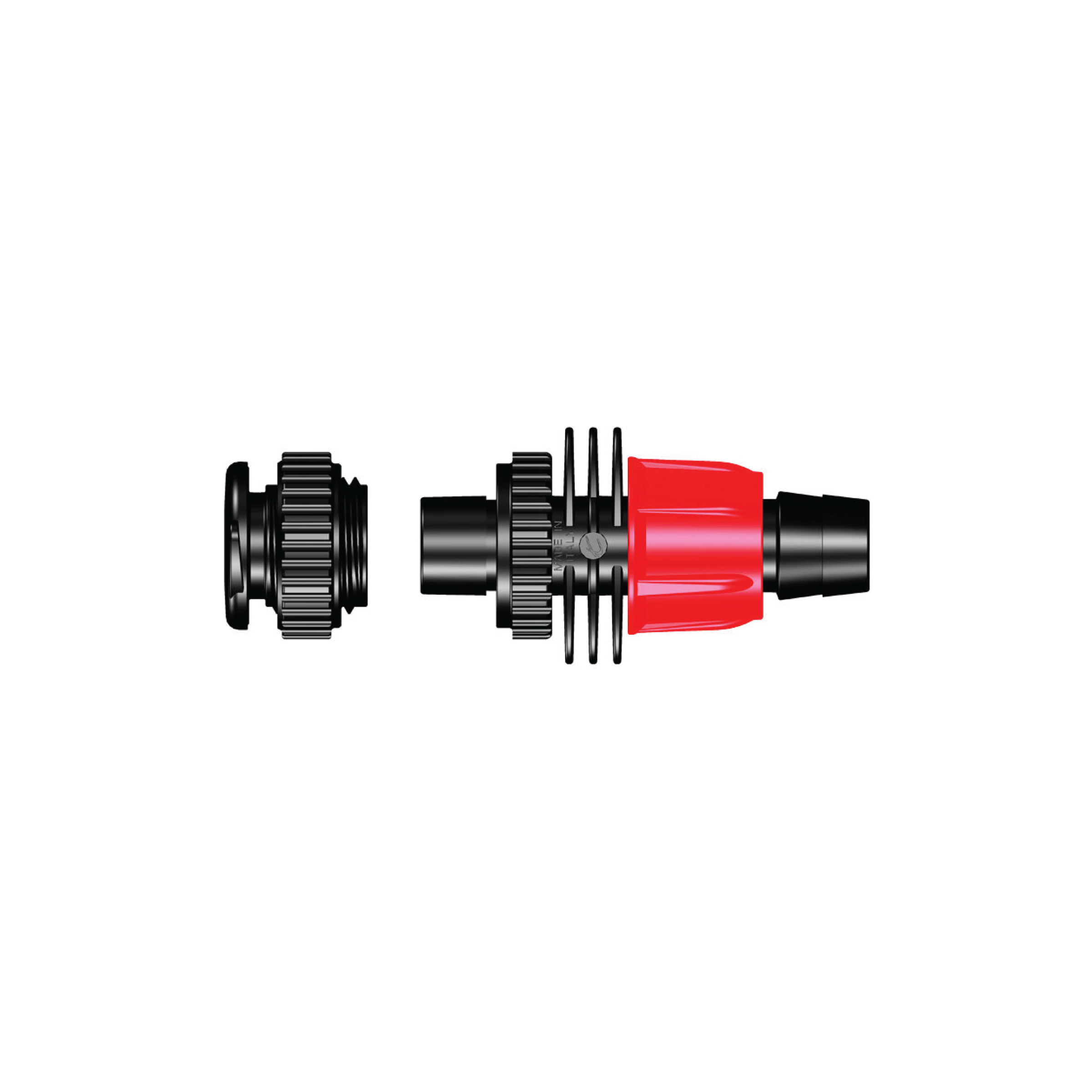 Toro Flex Connect layflat take-off adapter, red and black connector with ribbed sleeve