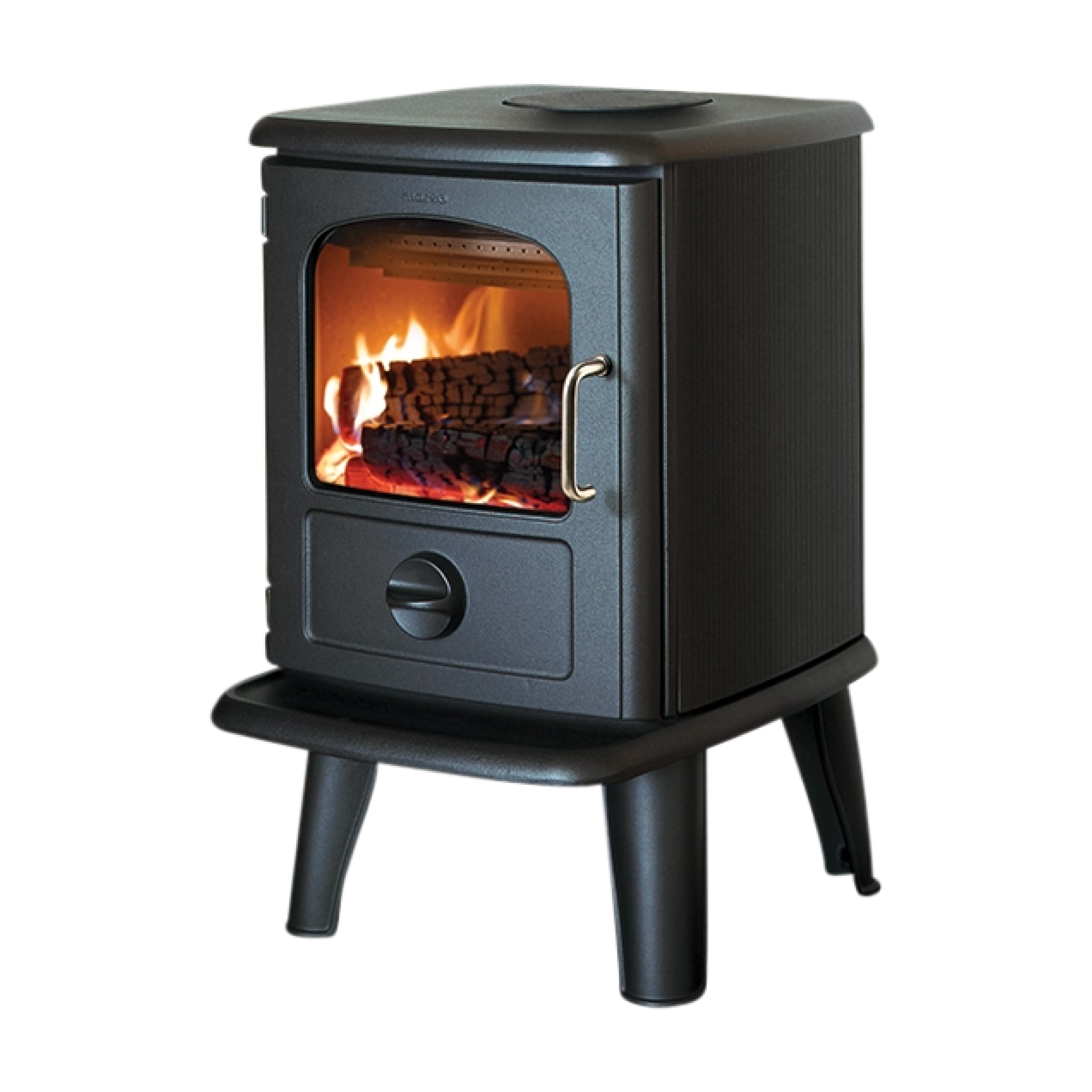 Black wood stove with front glass door, firebox, and round control knob