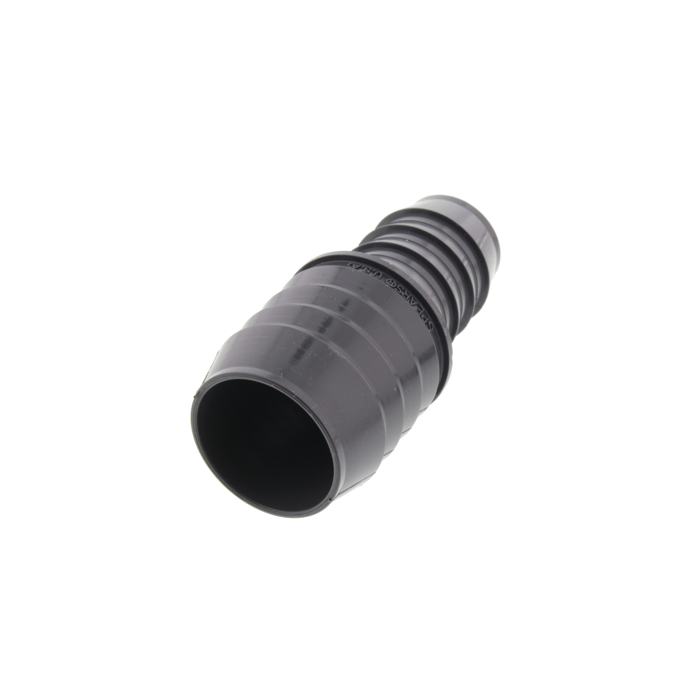 Barbed hose coupling, black plastic, 1.25 in to 1 in