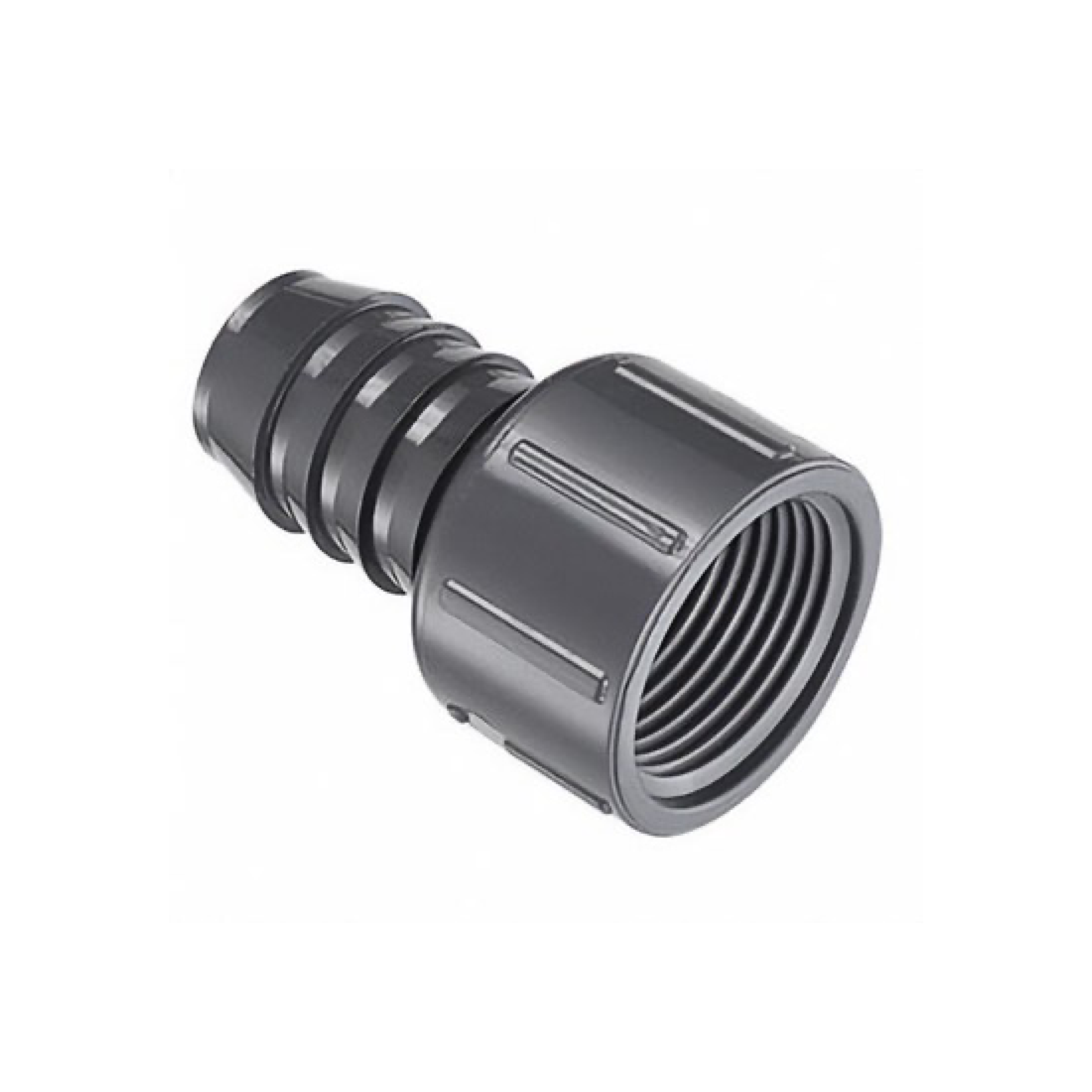 Female adapter 1.25in FP to 1.25in barb, dark metal with threaded female end