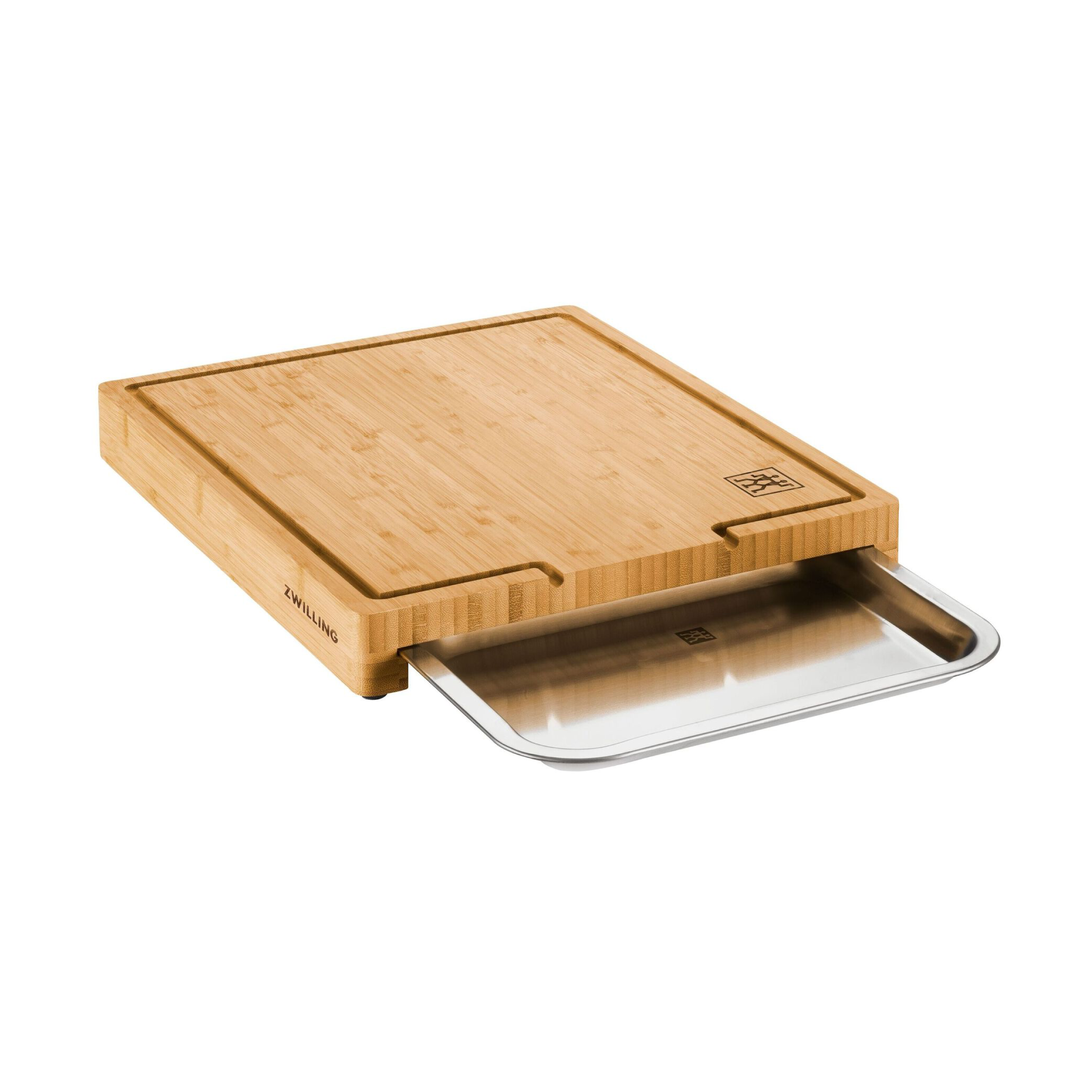 Bamboo cutting board with integrated tray, rectangular, side groove for lifting