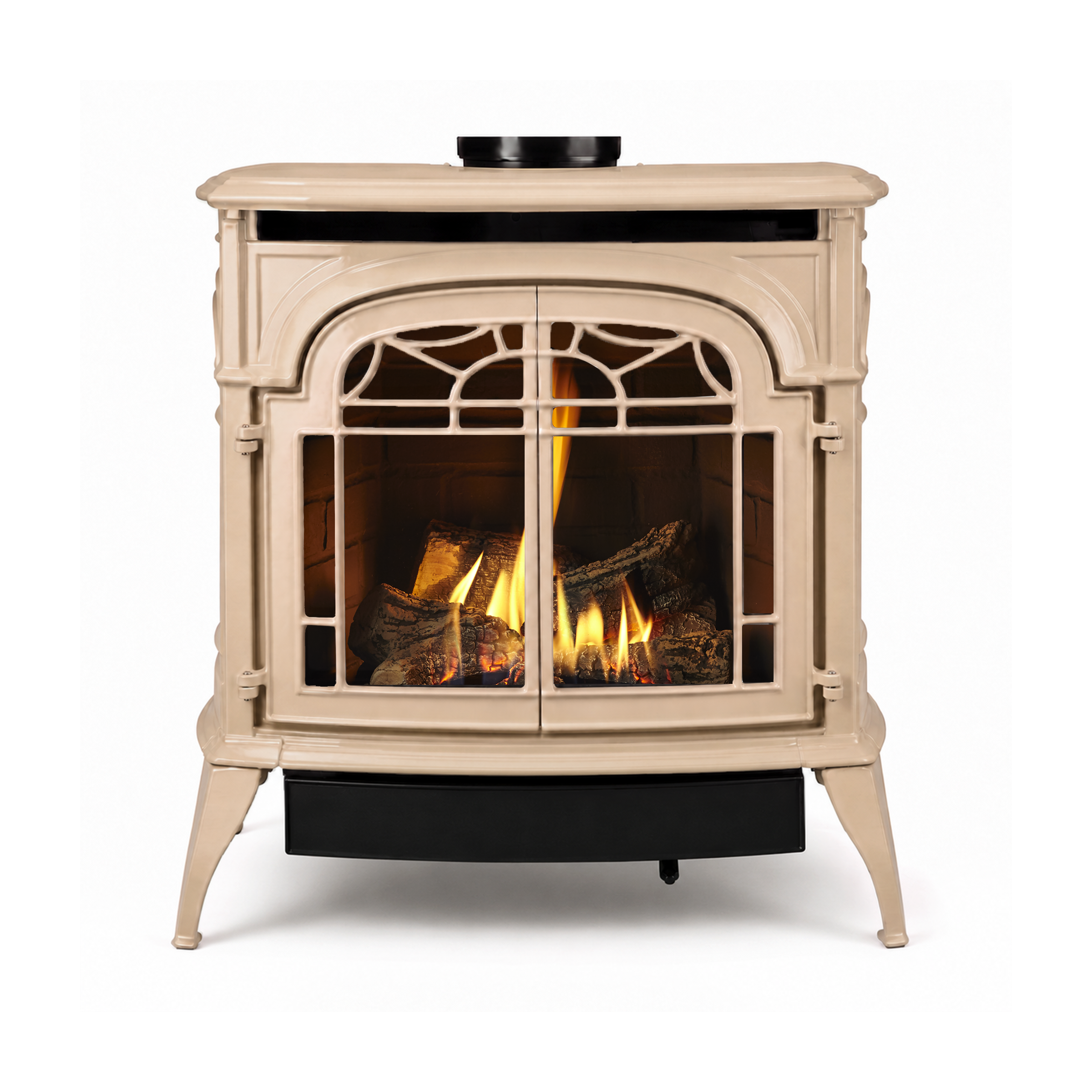 Sand enamel freestanding gas stove with arched glass doors and decorative front panel