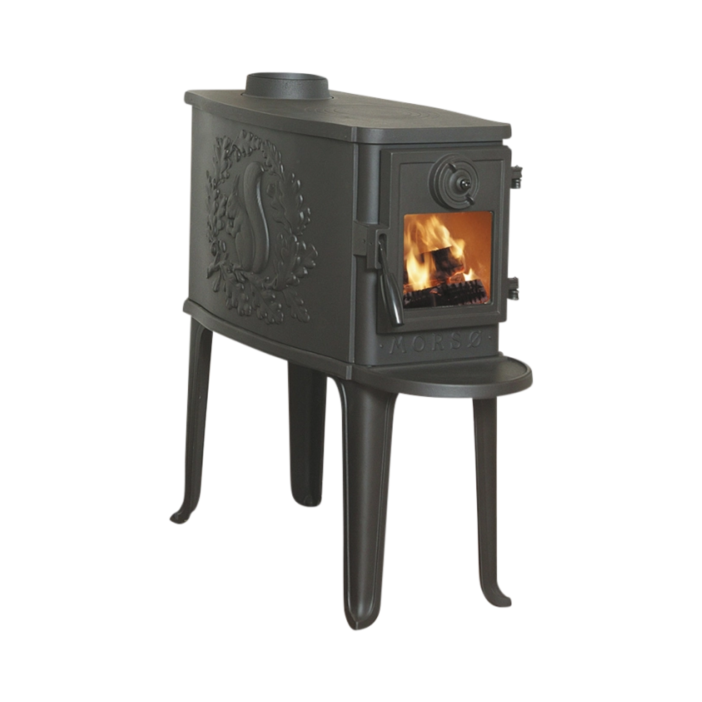 Black wood stove with decorative panel, arched glass door, and four curved legs