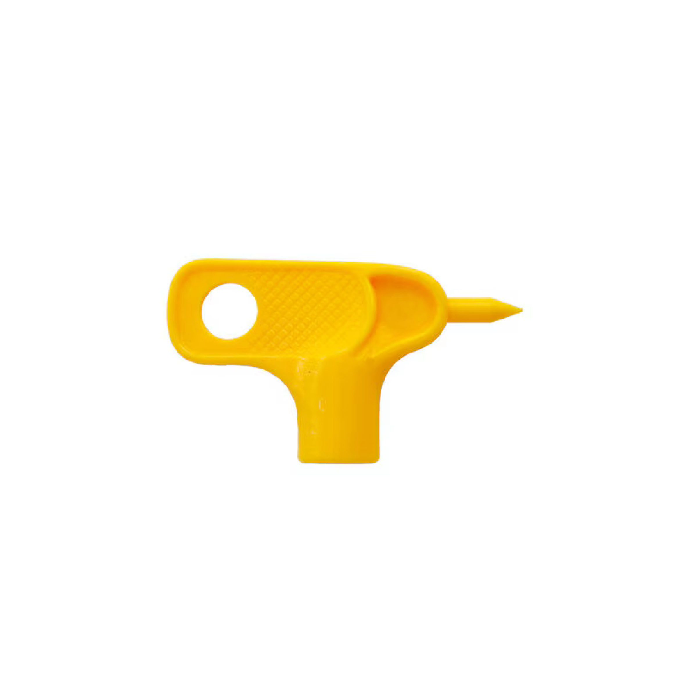 Key punch tool, yellow plastic handle with circular hole and pointed tip
