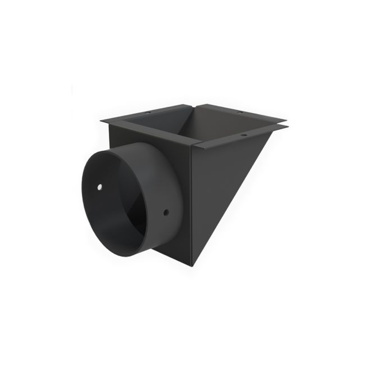 Outside air starter duct housing with round opening, dark metal, rectangular body