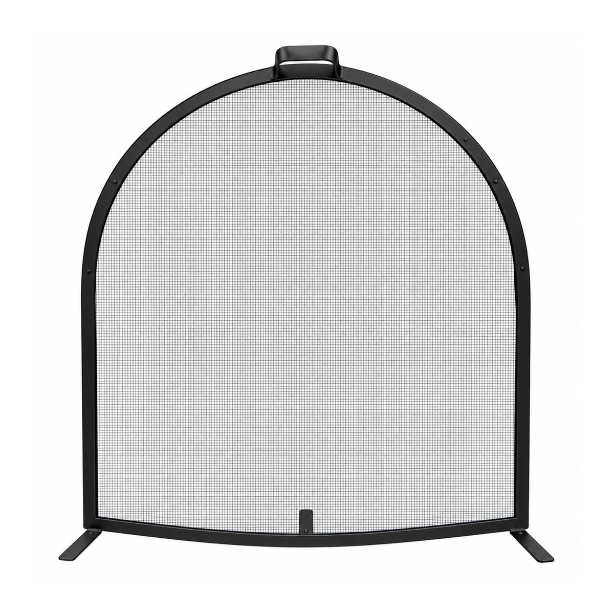Arched mesh screen with dark metal frame and hinged legs