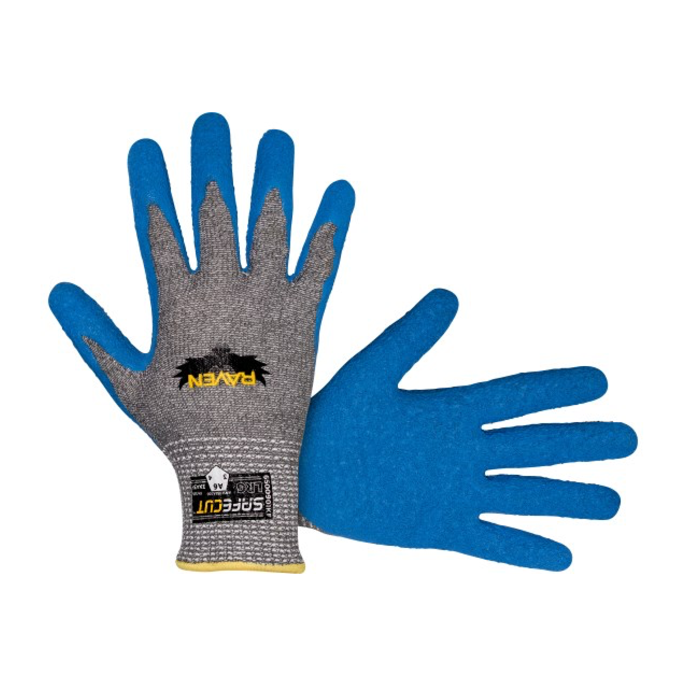 Crinkle latex work gloves, blue fingers and palm with gray back, snug knit cuff